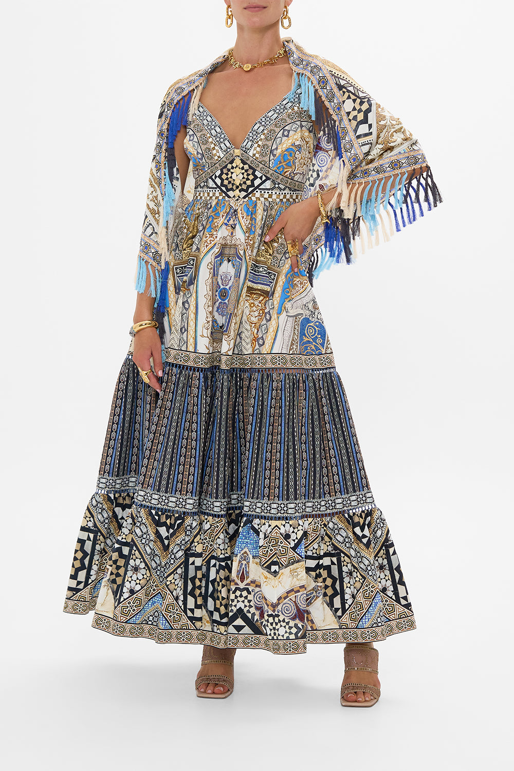 CAMILLA Diamond Scarf With Tassels in Make Me Your Mosaic print