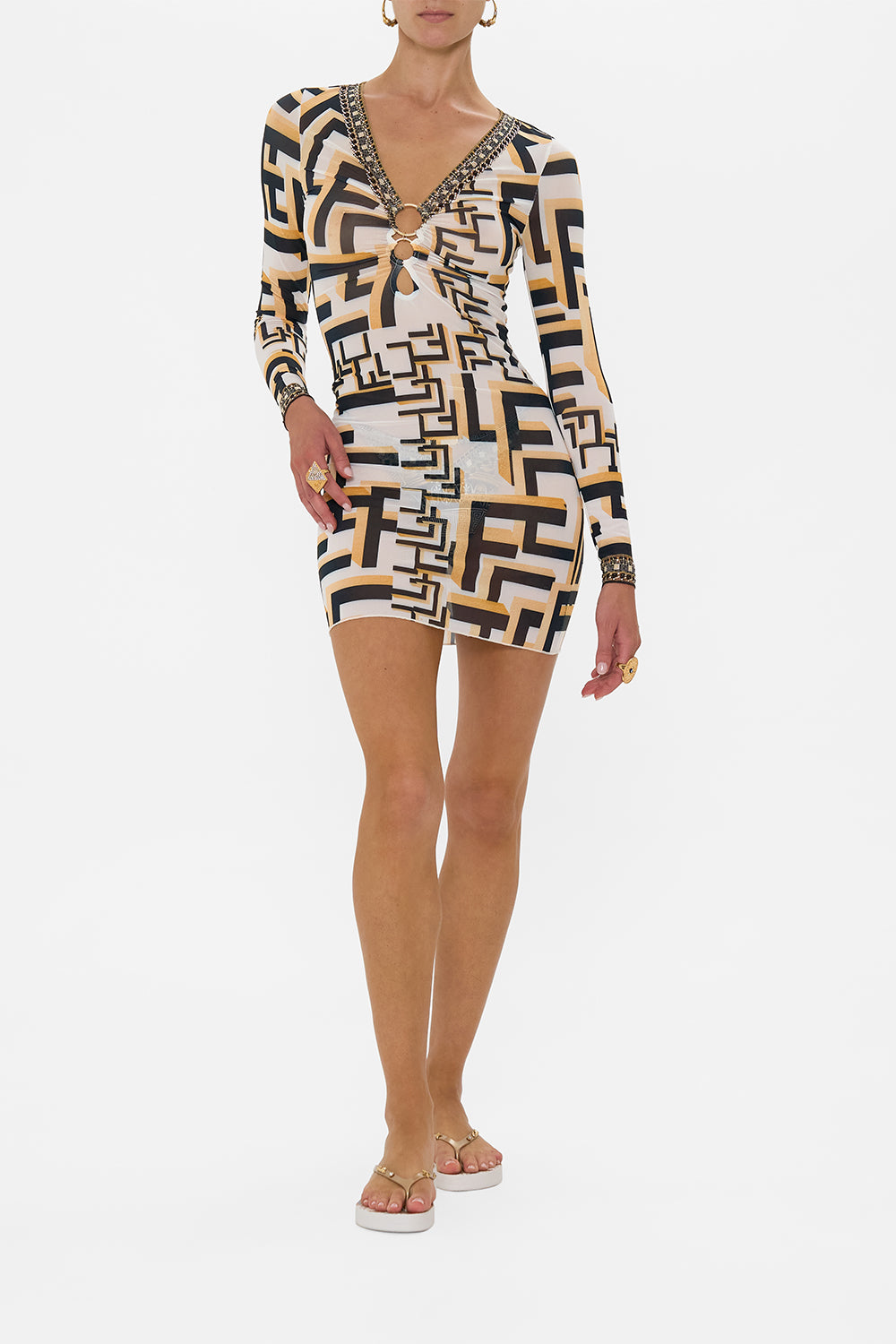 CAMILLA V Neck Ring Front Cover Up Dress in Temples Of Dendara print