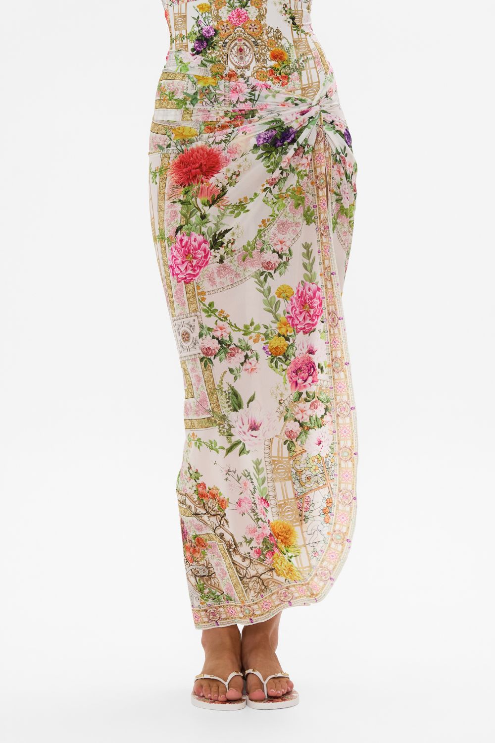 CAMILLA Twist front long skirt in Egyptian rose print.