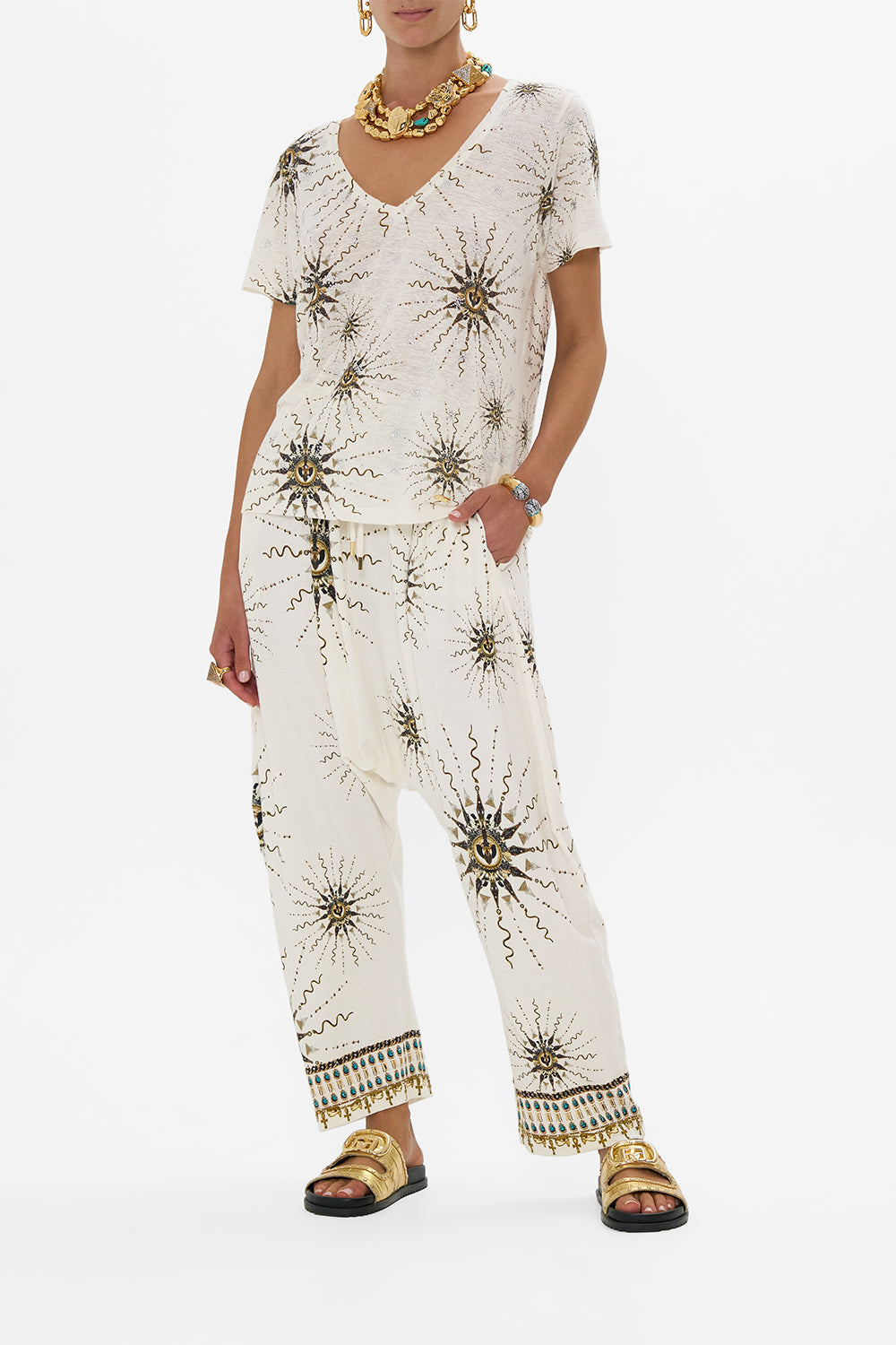 CAMILLA Relaxed V-Neck Tee in Goddess Energy print