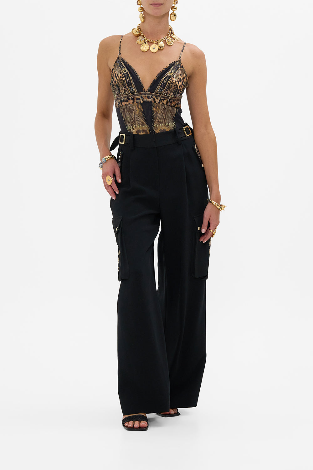 CAMILLA Tri Bodysuit With Mesh Inserts in An Egyptian Renaissance print