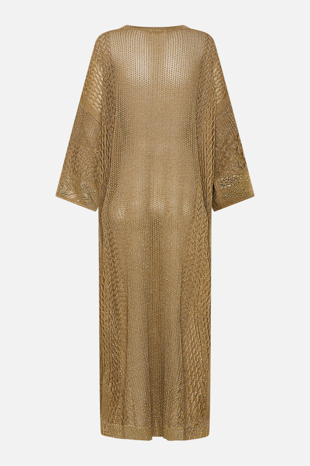 CAMILLA Gold Long V-Neck Knit Kaftan in Valley of the Kings Print