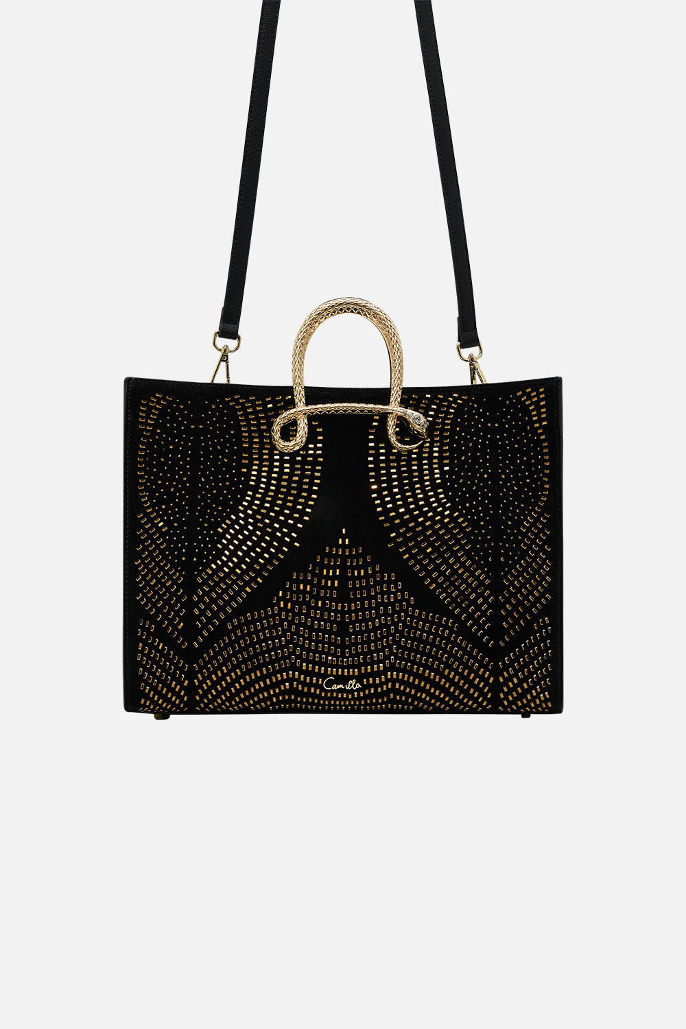 CAMILLA east west tote with snake in Solid Black print
