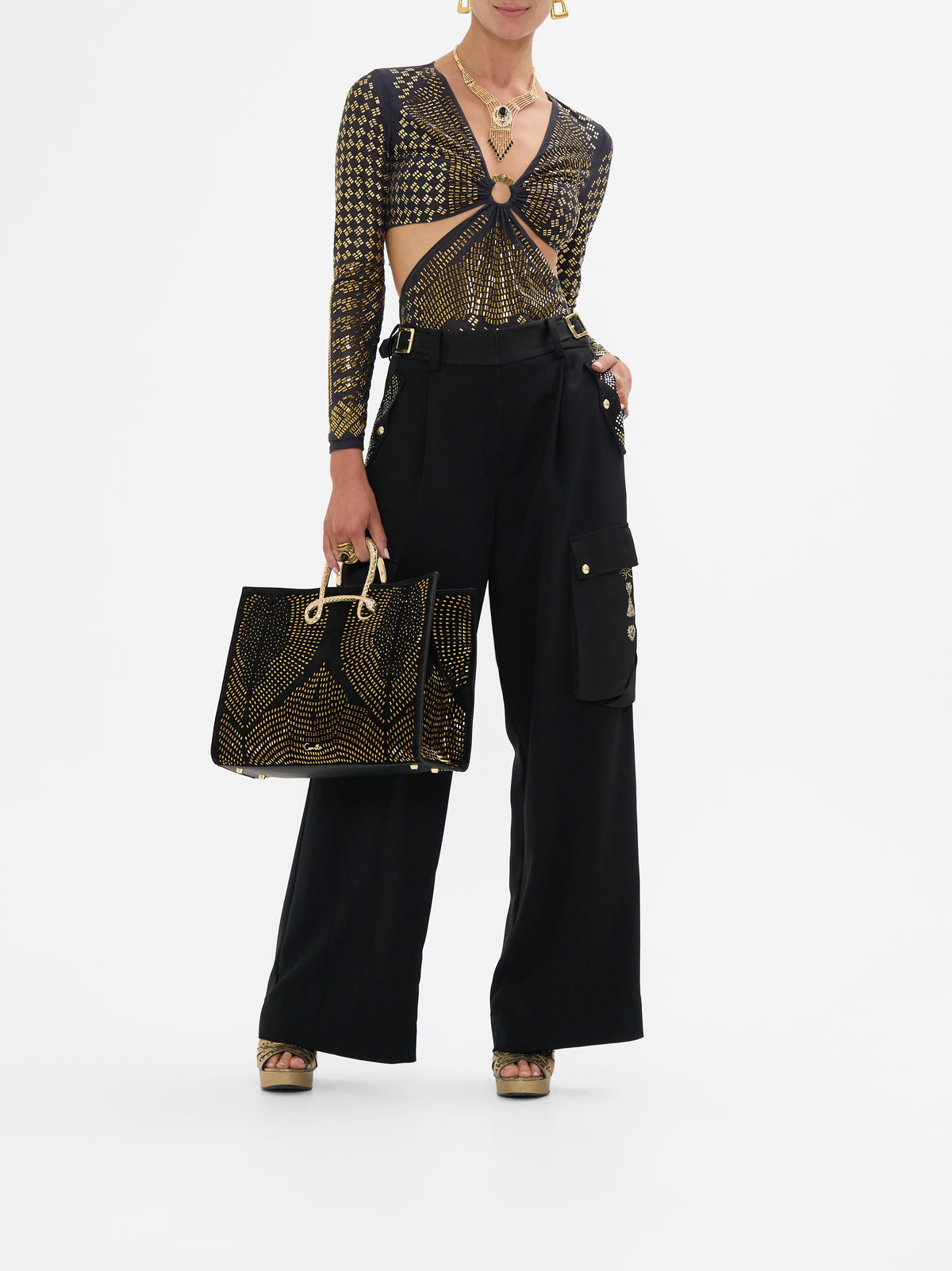 CAMILLA east west tote with snake in Solid Black print