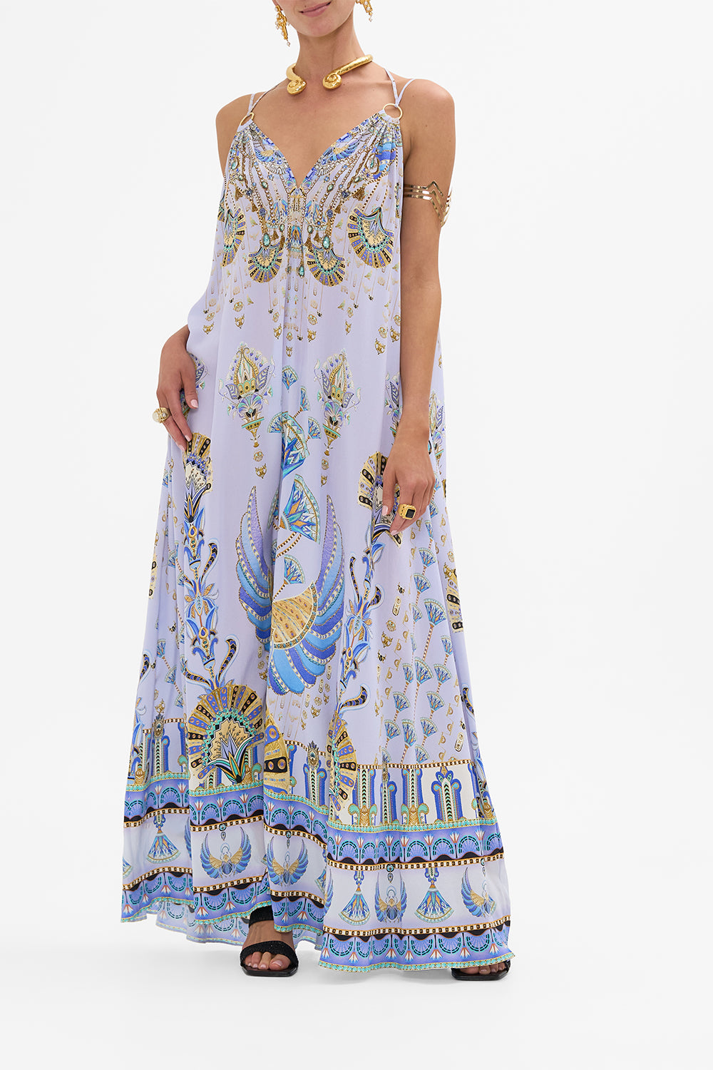 CAMILLA Lilac Ring Detail Strap Dress in Under Scarab Skies print