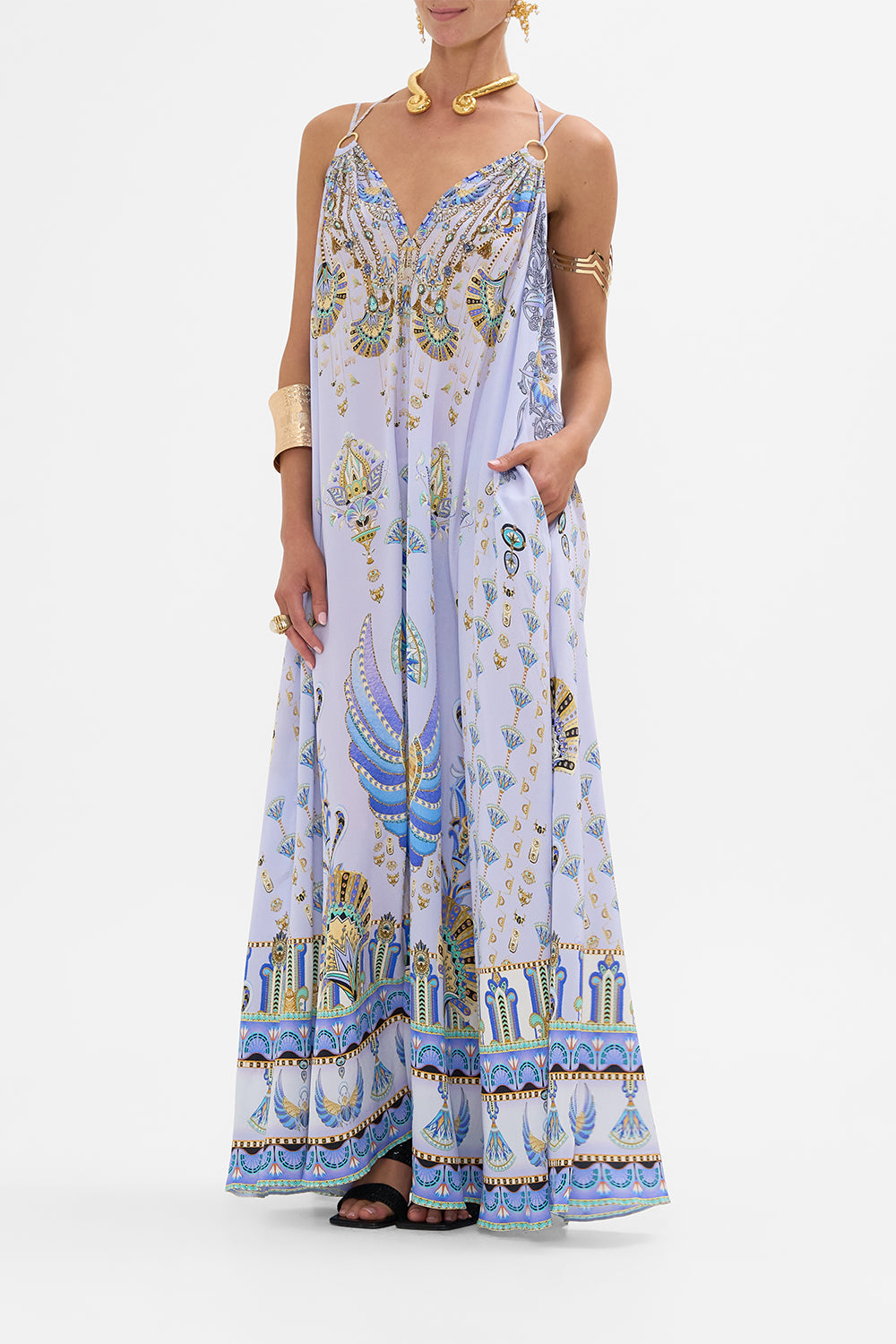CAMILLA Lilac Ring Detail Strap Dress in Under Scarab Skies print