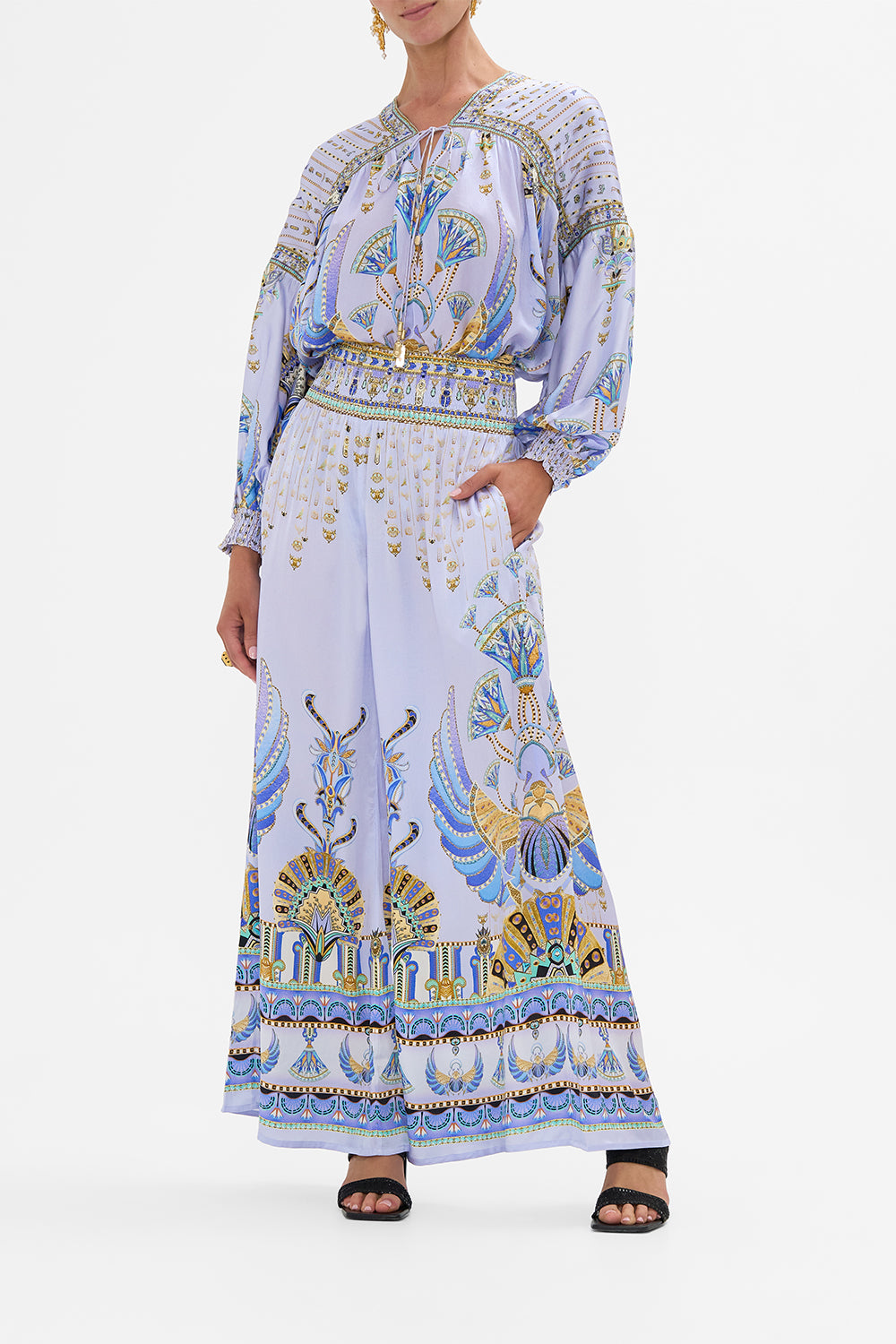 CAMILLA lilac Shirred Waist Pant in Under Scarab Skies print