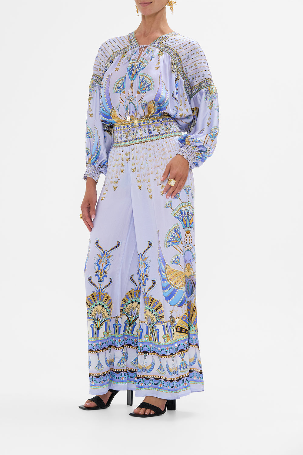 CAMILLA lilac Shirred Waist Pant in Under Scarab Skies print
