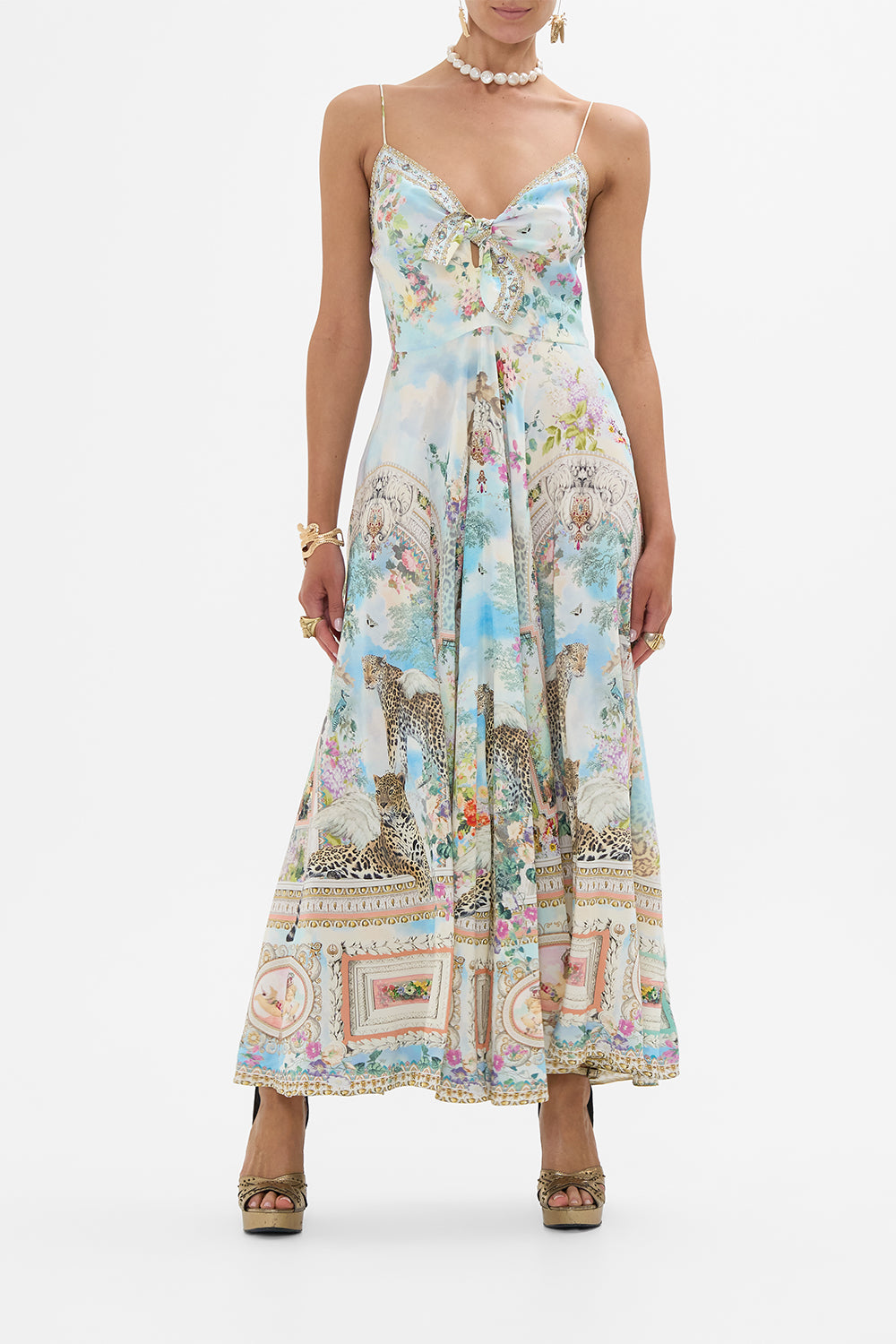 CAMILLA Long Dress With Tie Front in We Always Have Alexandria Print.