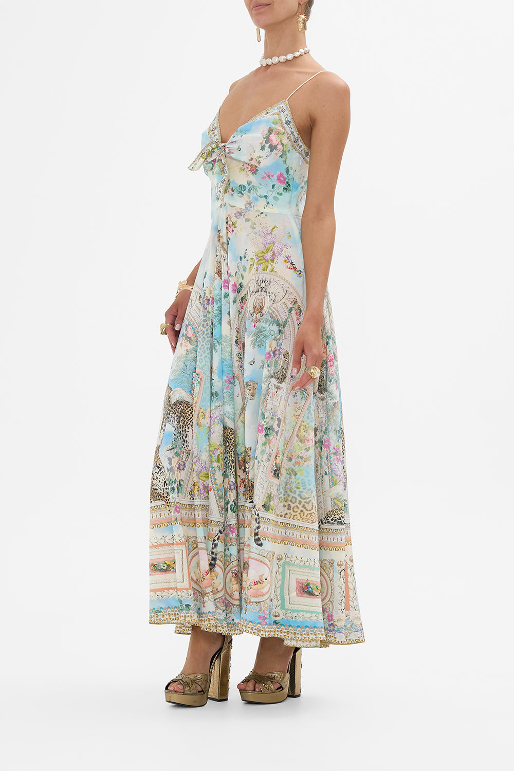 CAMILLA Long Dress With Tie Front in We Always Have Alexandria Print.