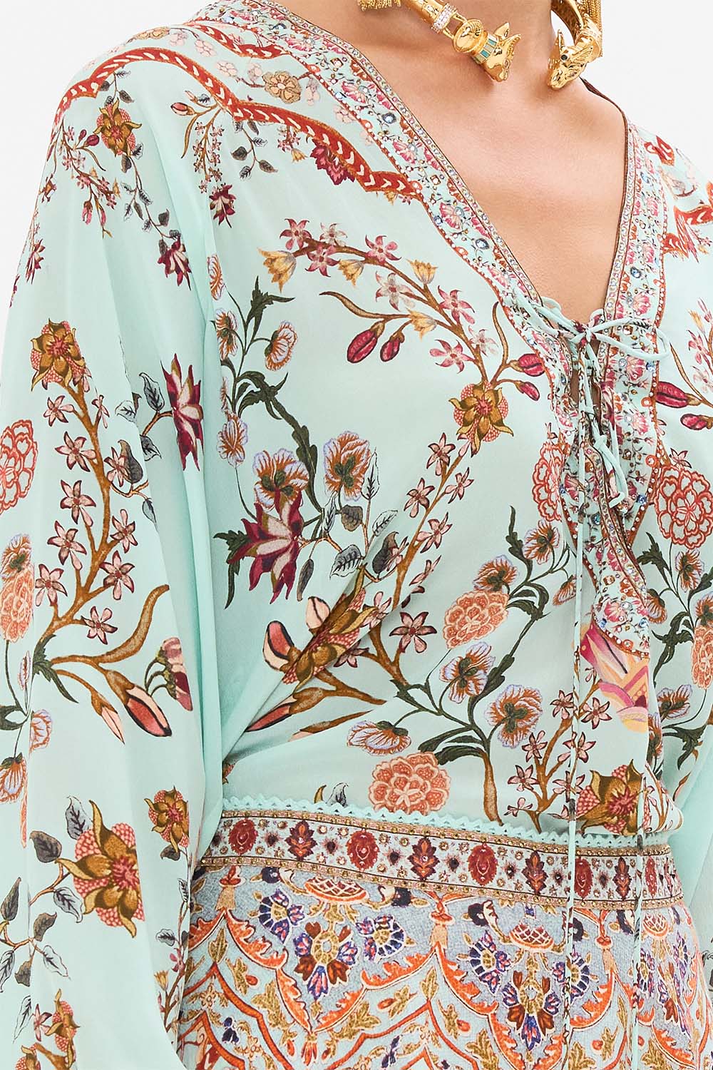 CAMILLA Lace Up Blouse in Weaving Worlds print