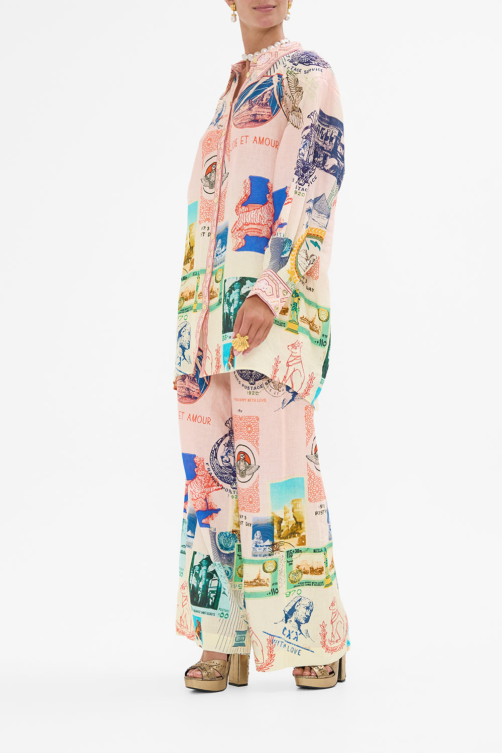 CAMILLA long line shirt with yoke and button detail in Haute Passport print.