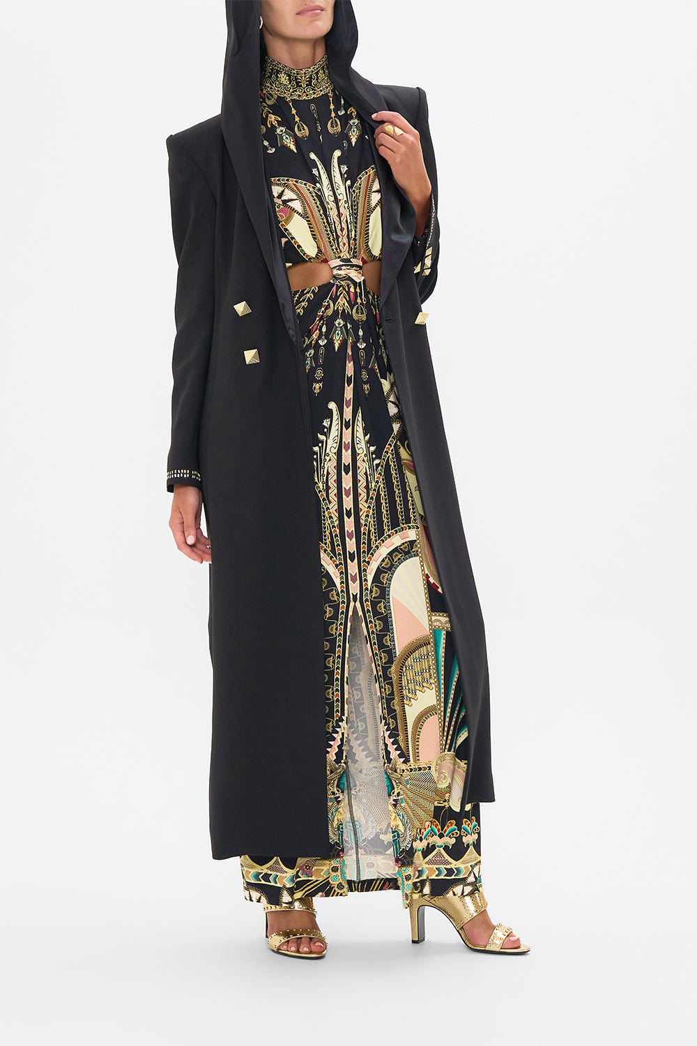CAMILLA Black/Gold Long Coat with Hood in They Called Her Nefertari print