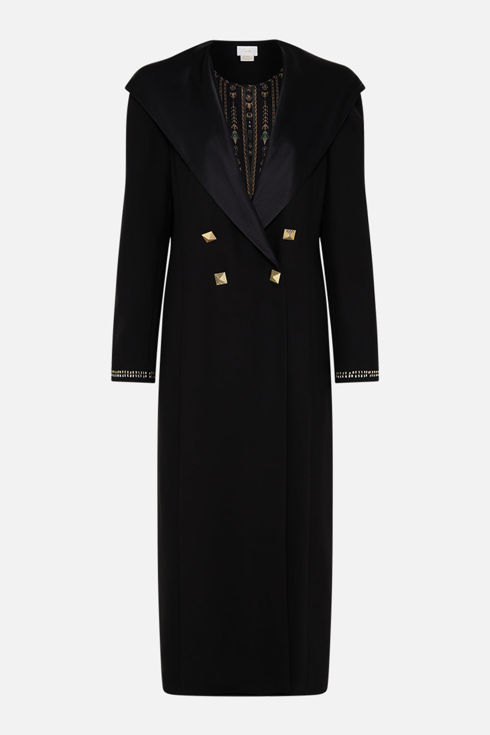 CAMILLA Black/Gold Long Coat with Hood in They Called Her Nefertari print