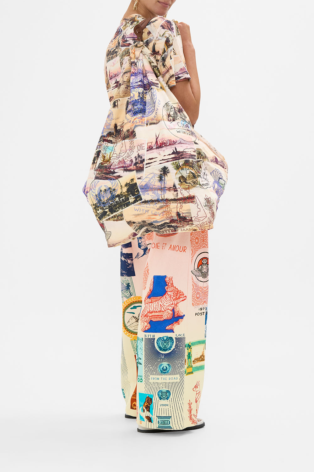 CAMILLA blush straight leg track pant in Haute Passport print.