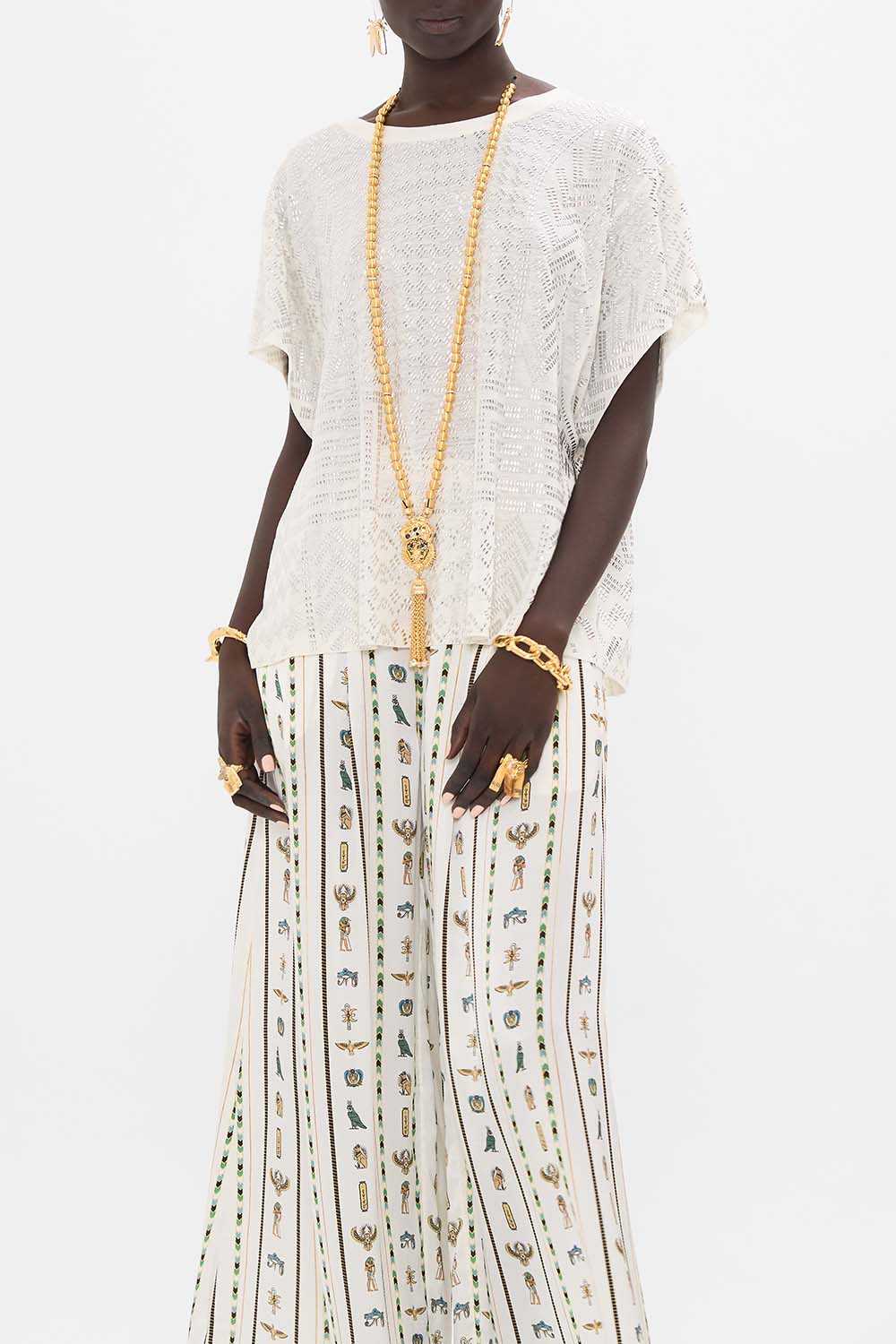 CAMILLA White T-Shirt with Dropped Armhole in Valley of the Queens print