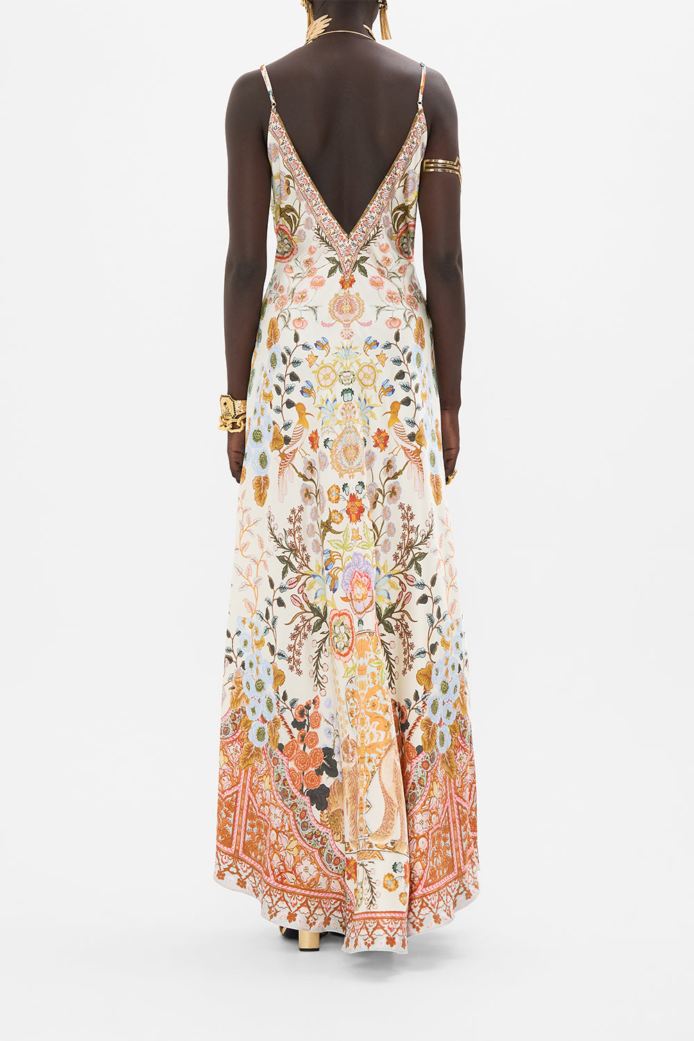 CAMILLA V Neck Long Bias Slip Dress with Train in Honour of Heirlooms print