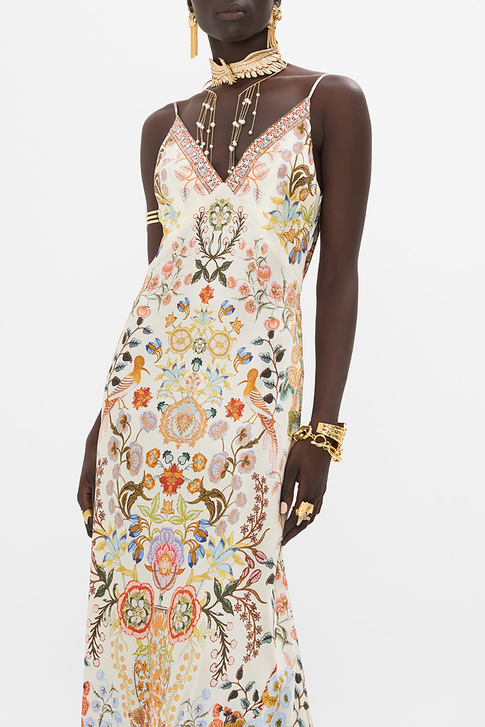 CAMILLA V Neck Long Bias Slip Dress with Train in Honour of Heirlooms print