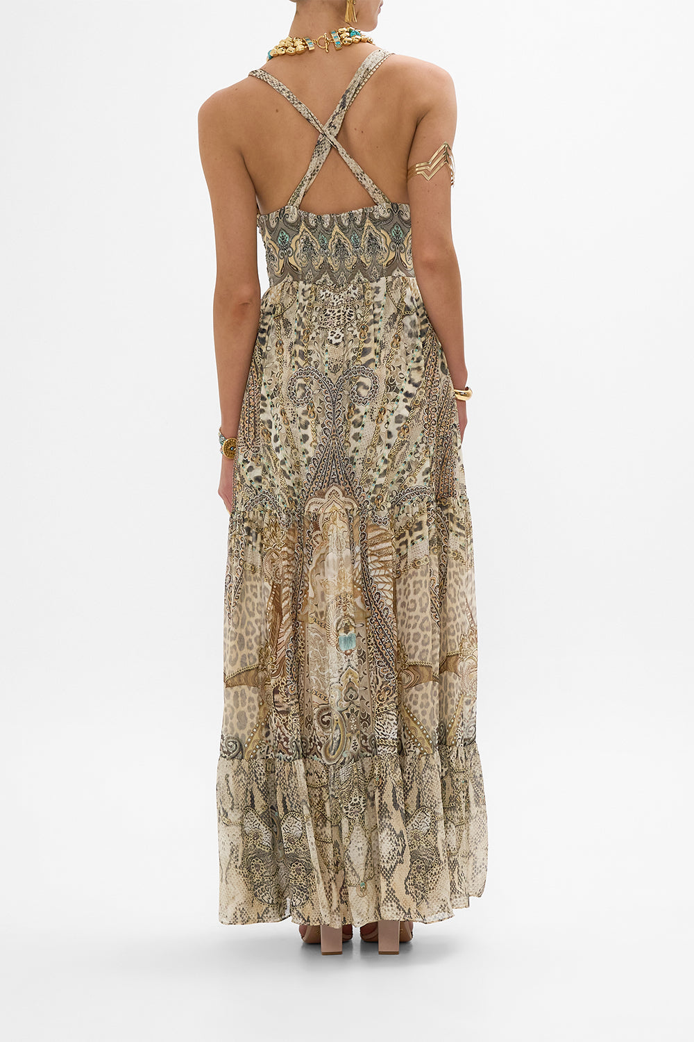 CAMILLA Bead Strap Gathered Panel Dress in The Throne Room print