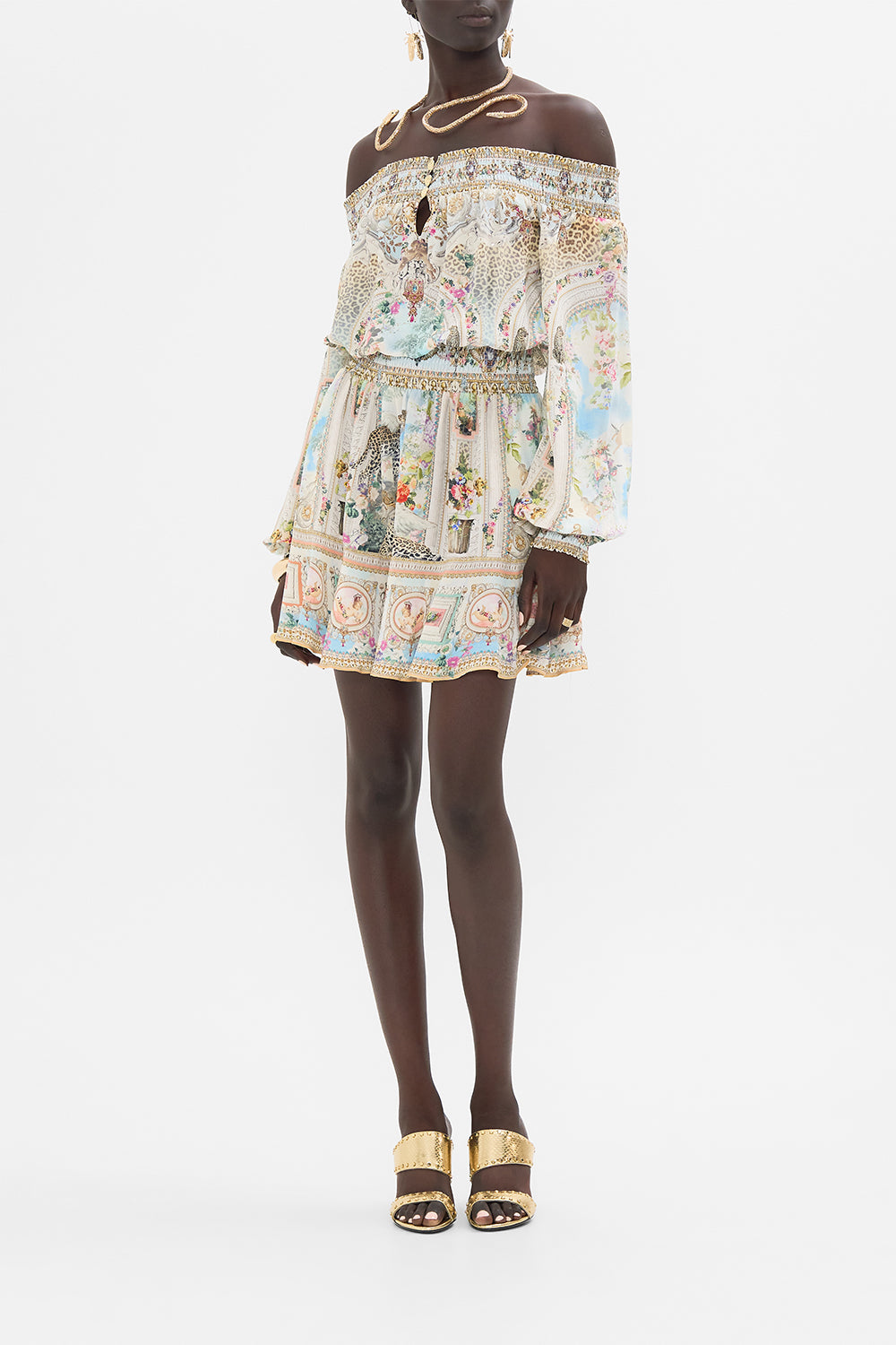 CAMILA Floral Off Shoulder Short Dress in We Always Have Alexandria Print.