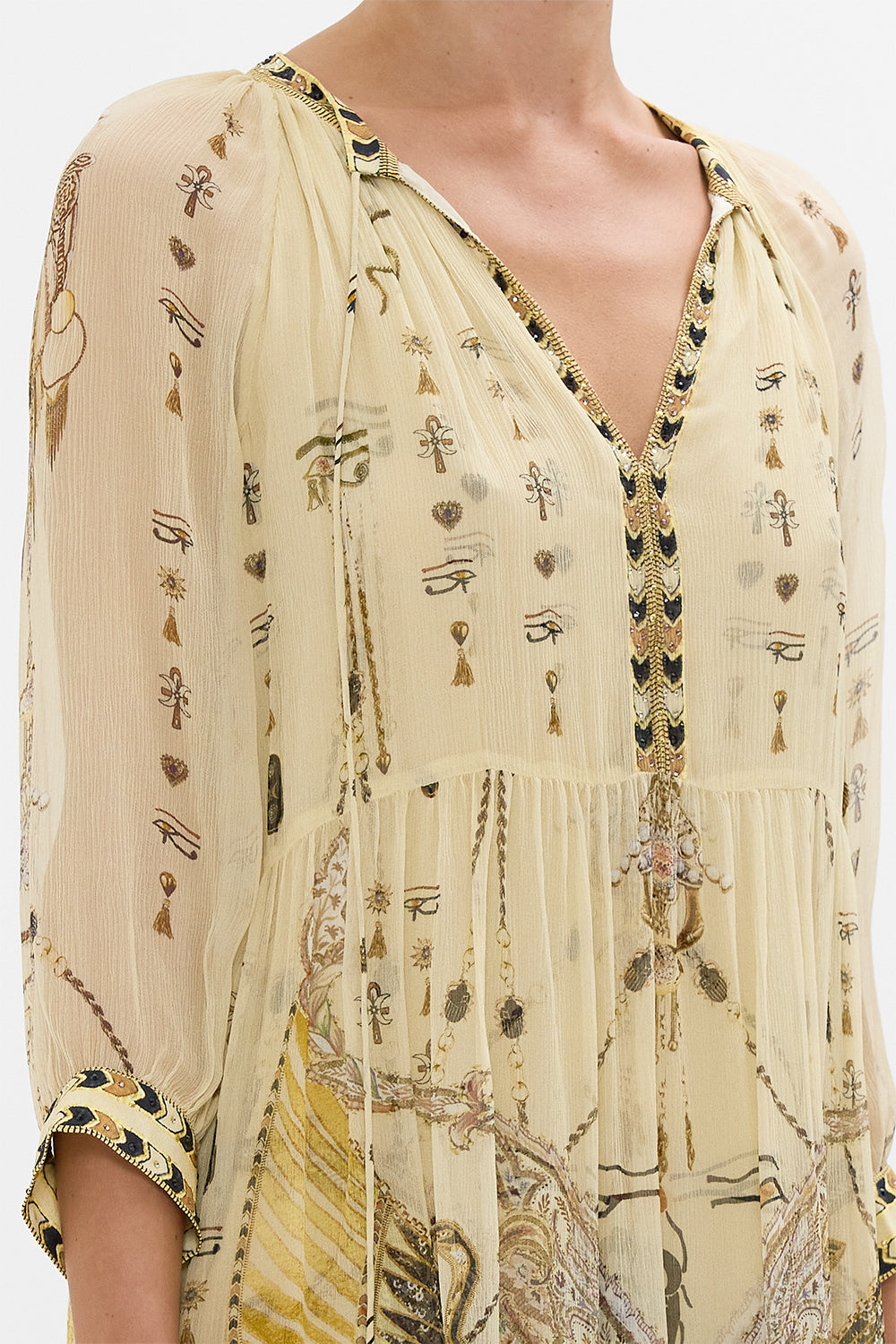 CAMILLA Gold Short Gathered Panel Dress in Gateway to the Afterlife Print