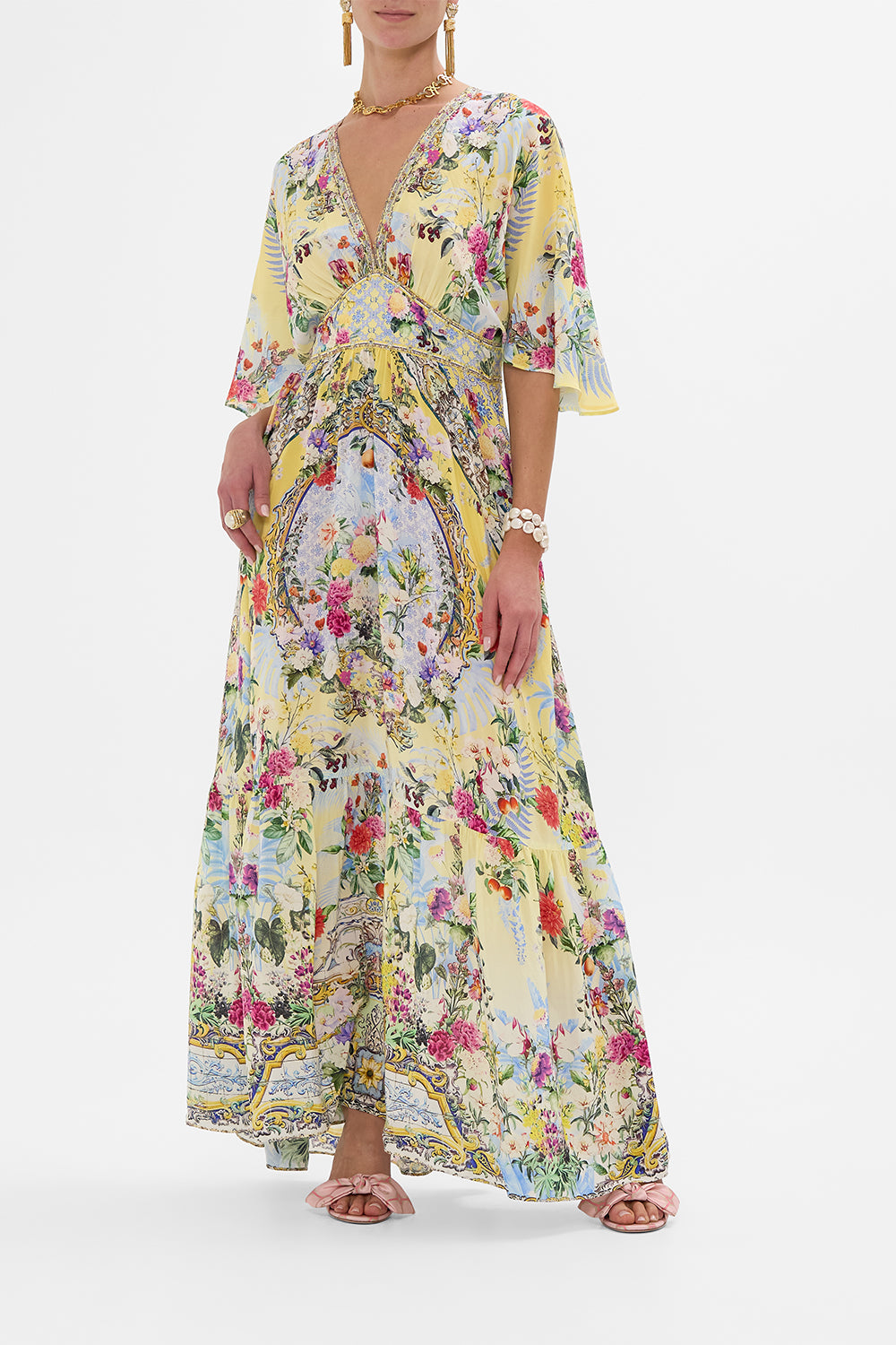 CAMILLA Waisted Dress With Hem Ruffle in Flor Fantástica print