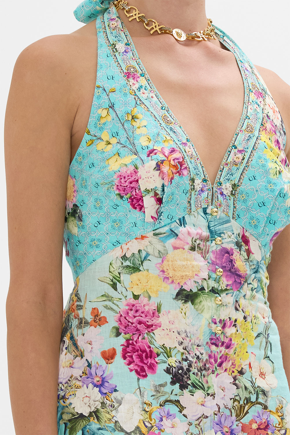 BUTTON FRONT HALTER PLAYSUIT GARDENS OF QUELUZ