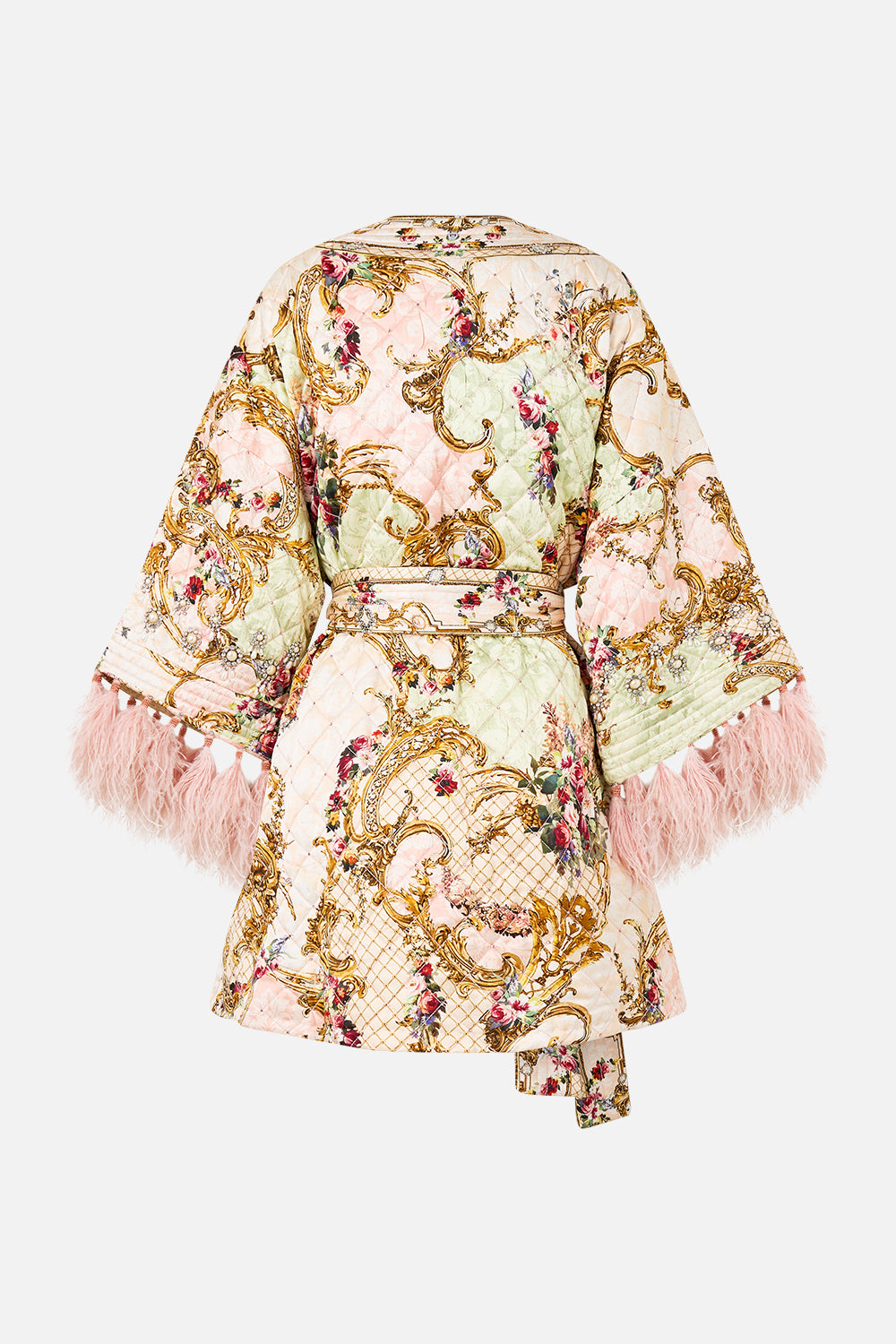 LAYER WITH TIE BELT AND FEATHERS THE QUEENS QUARTERS