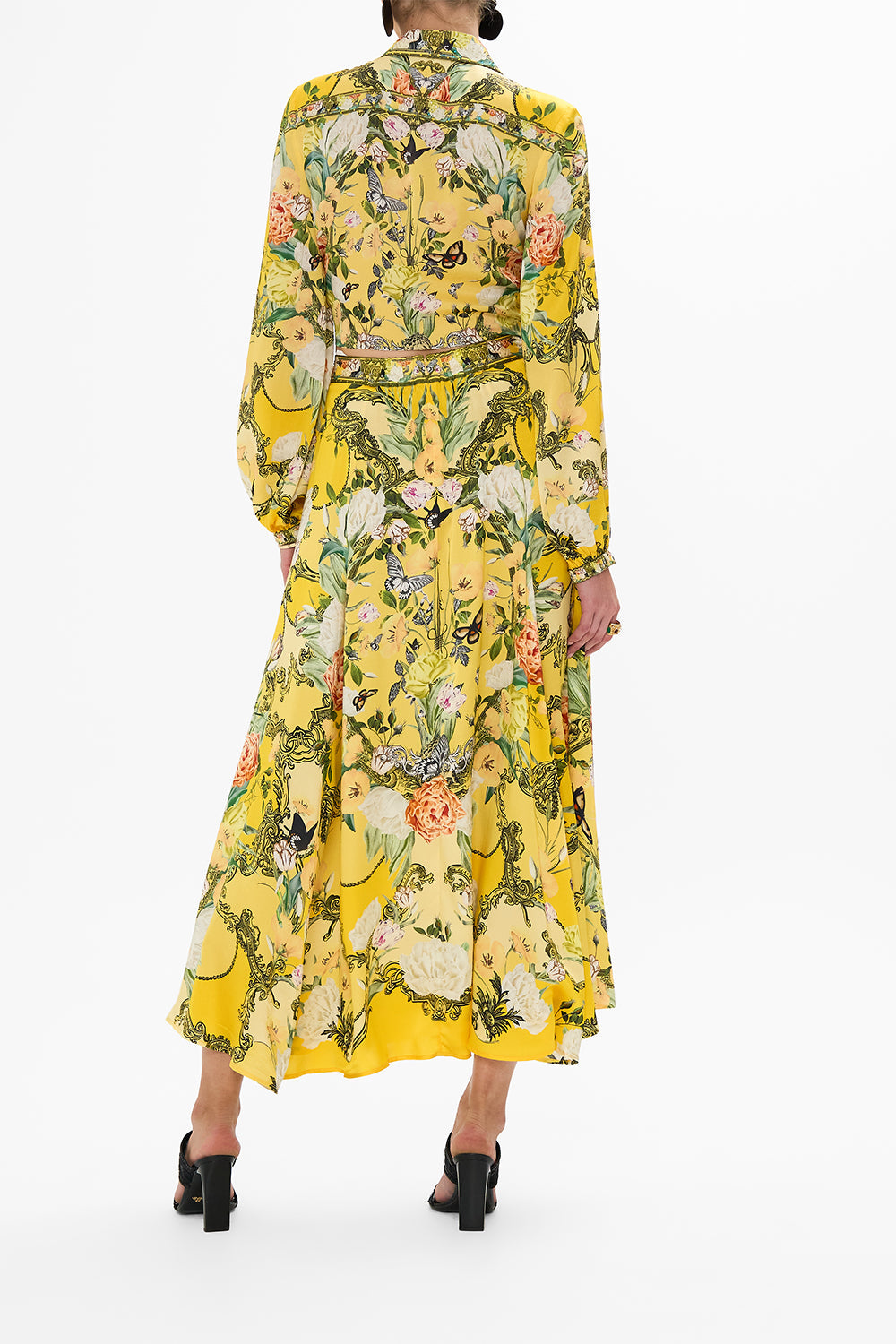 CAMILLA gold cropped wrap shirt in Paths Of Gold print.