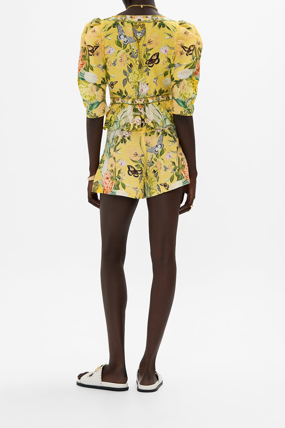 CAMILLA gold puff sleeve top with hardware in Paths Of Gold print.