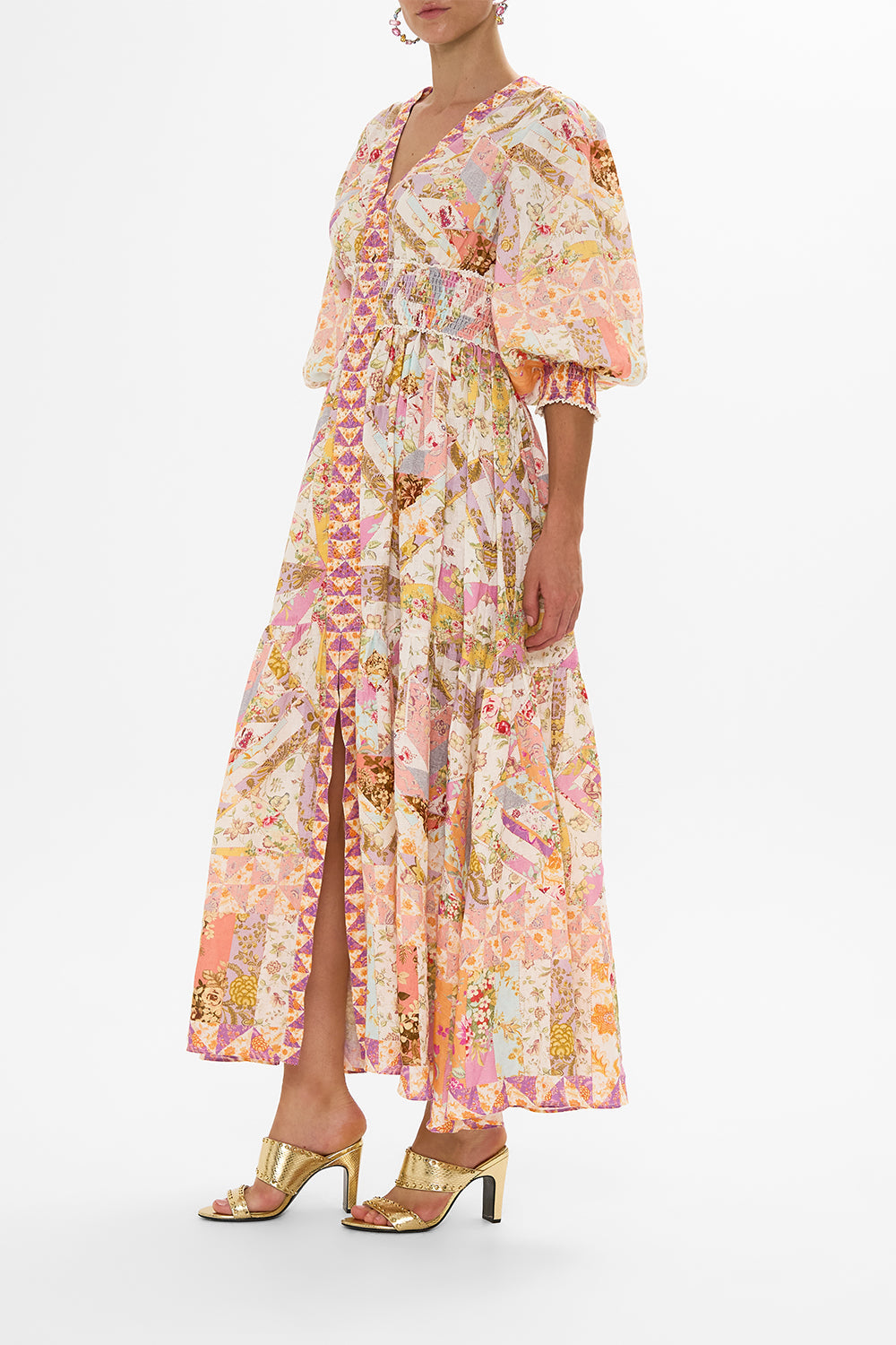 CAMILLA retro floral shirred waistband long dress in Sew Yesterday print.