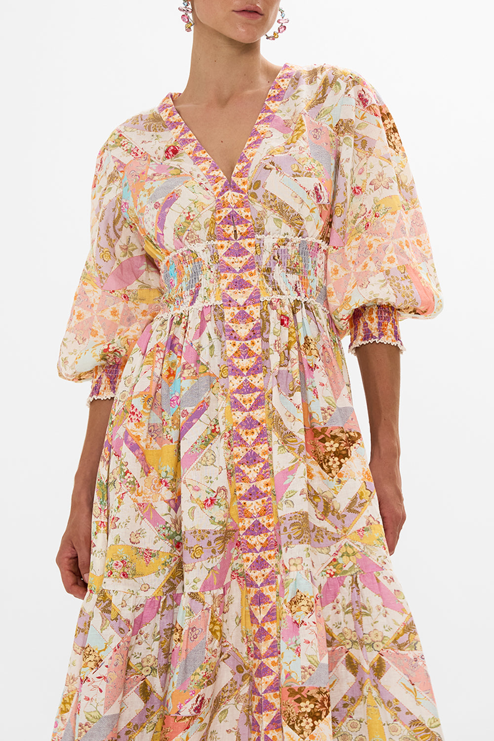 CAMILLA retro floral shirred waistband long dress in Sew Yesterday print.