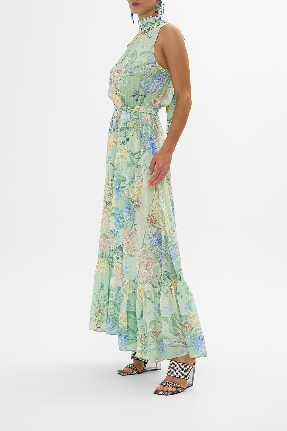 CAMILLA green necktie dress with elasticated waist in Dreaming In Dutch print.
