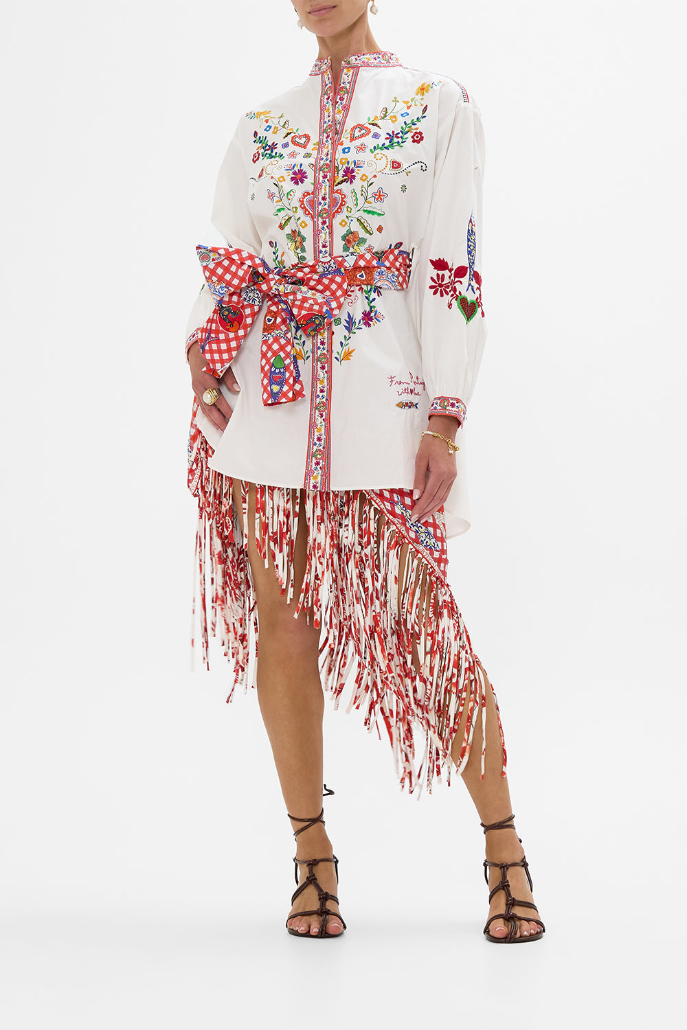 CAMILLA Waist Tie Button Through Shirt in Faith, Luck & Justice print