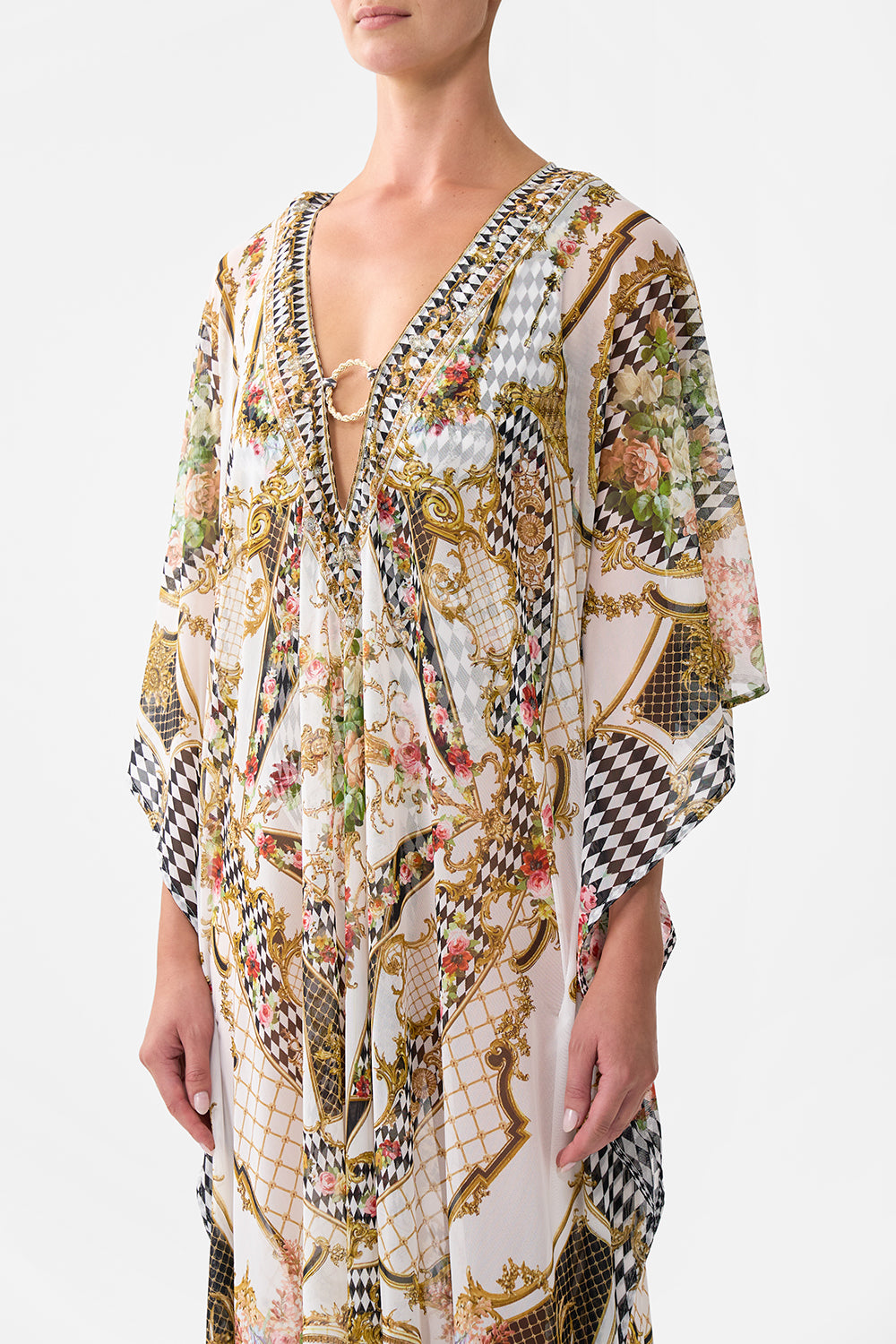 STRETCH MESH KAFTAN WITH TRIM ROCOCO GLOW