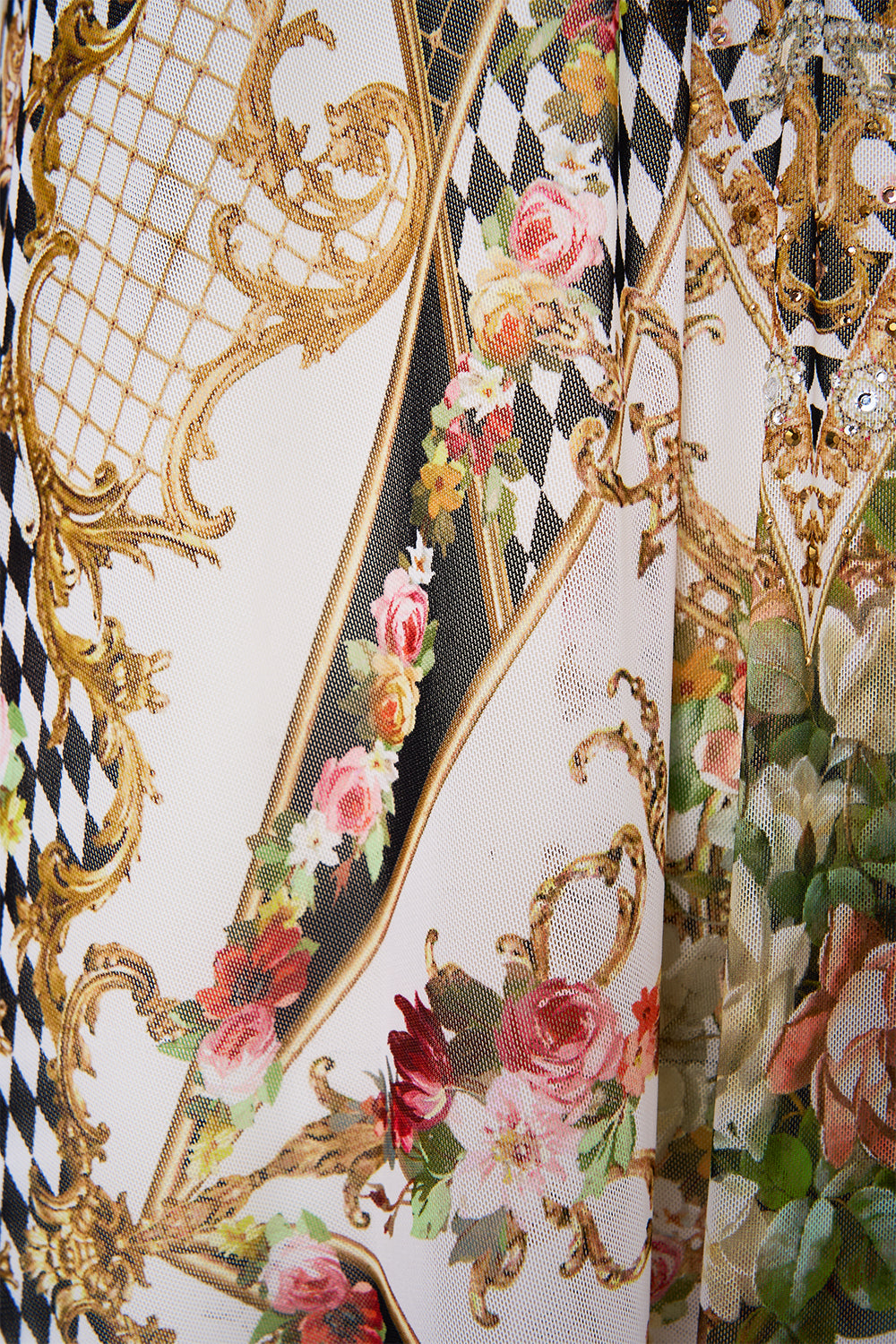 STRETCH MESH KAFTAN WITH TRIM ROCOCO GLOW