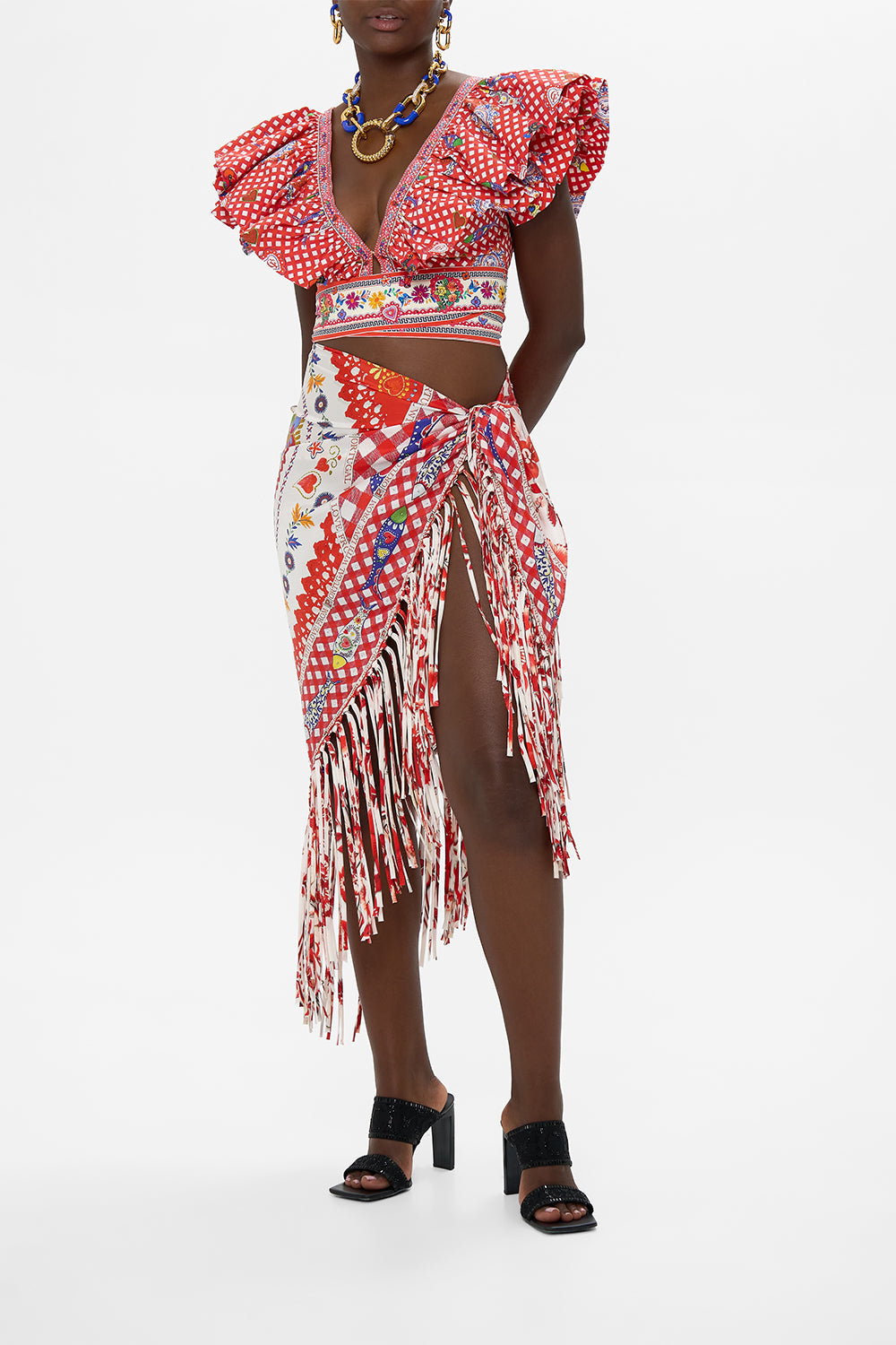 CAMILLA Triangle Scarf With Tassels in Faith, Luck & Justice print