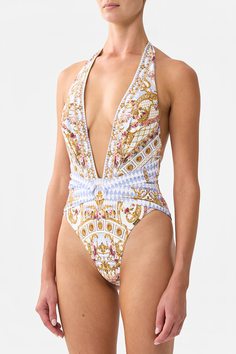 PLUNGE FRONT HALTER ONE PIECE WITH TRIM THRONE GAMES