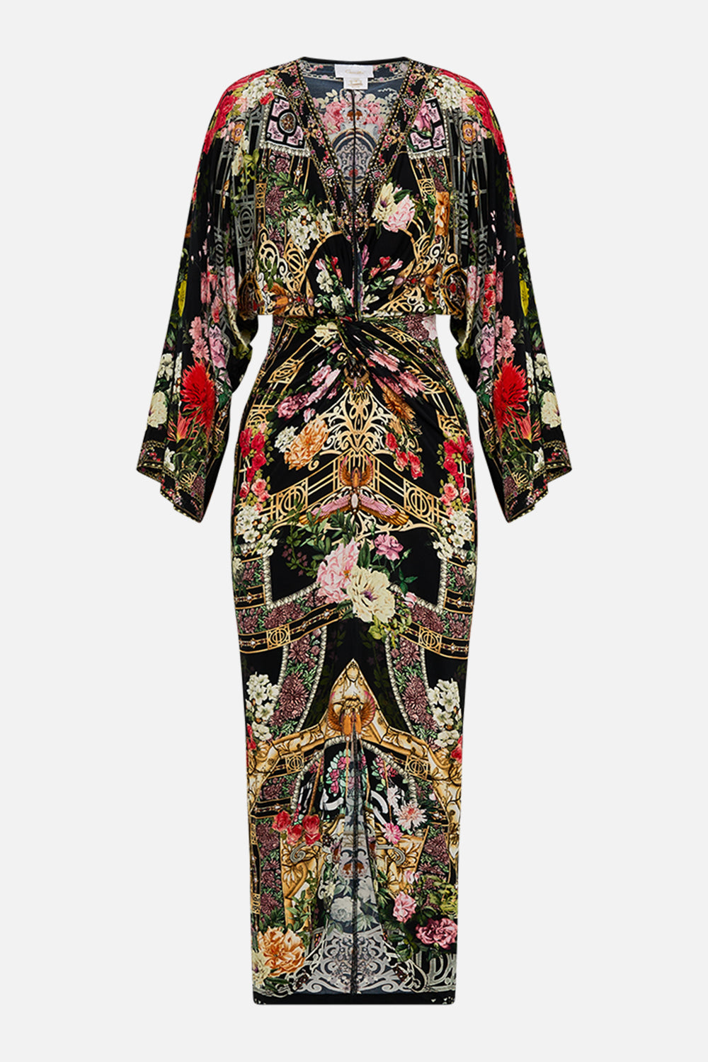 CAMILLA Long split front twist dress in Adorned in Alexandria print.