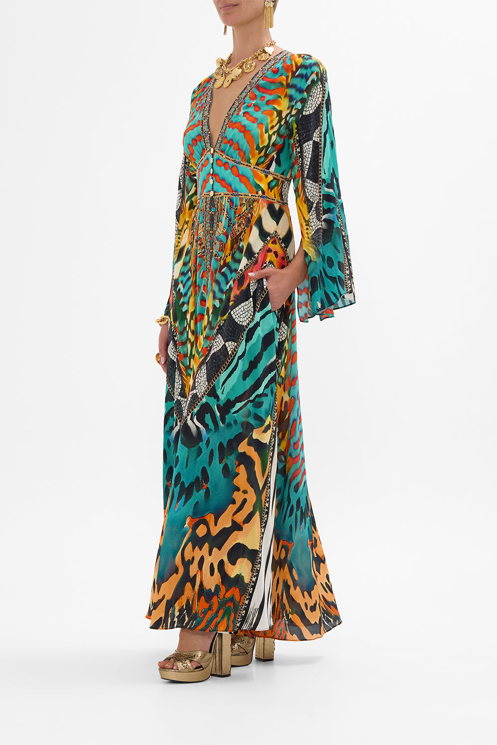 CAMILLA Kimono Sleeve Dress with Shirring Detail in Desert Visions print.