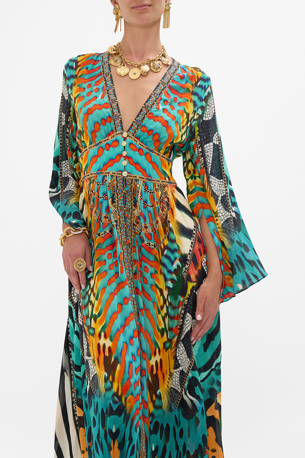 CAMILLA Kimono Sleeve Dress with Shirring Detail in Desert Visions print.
