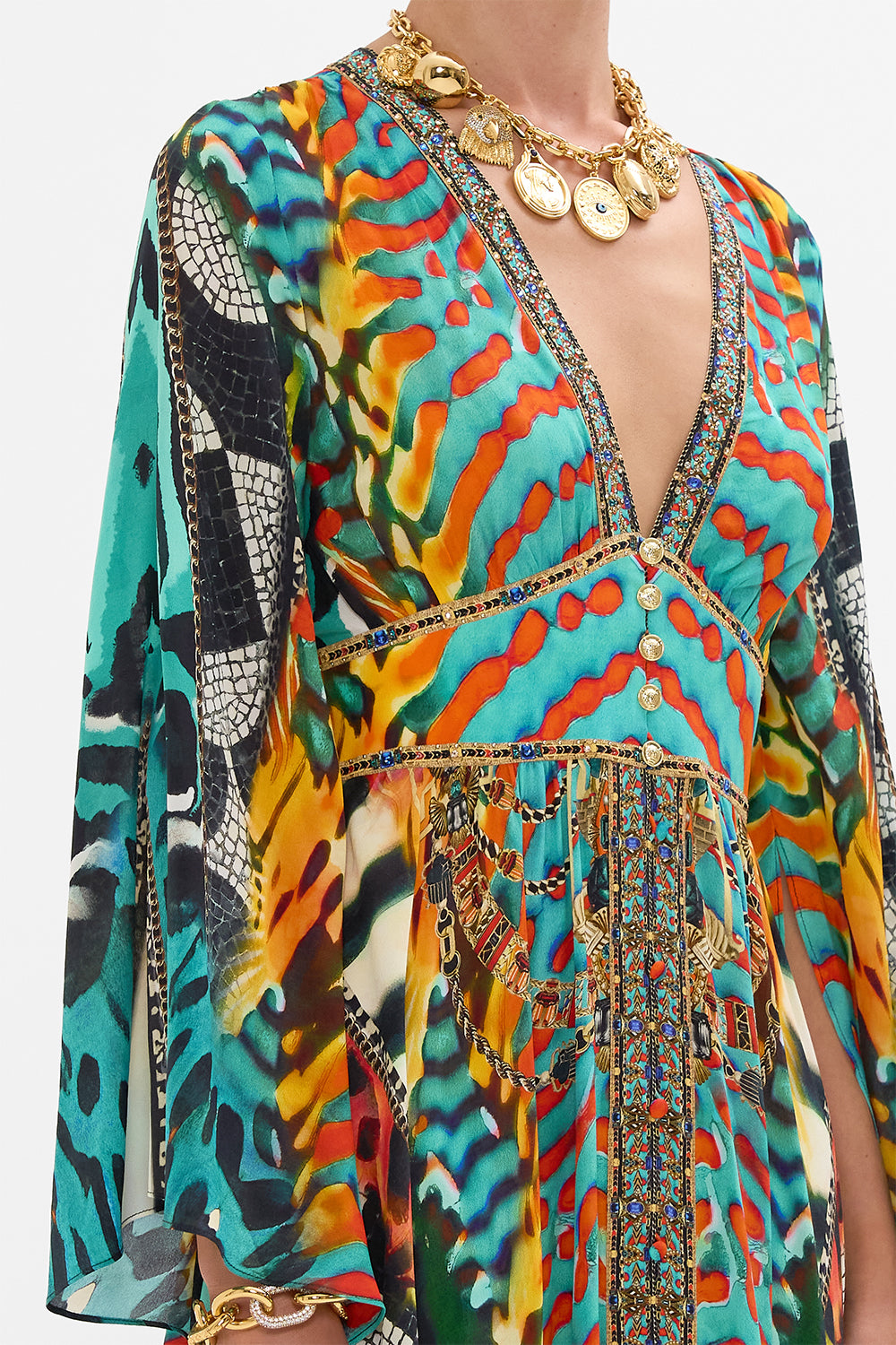 CAMILLA Kimono Sleeve Dress with Shirring Detail in Desert Visions print.