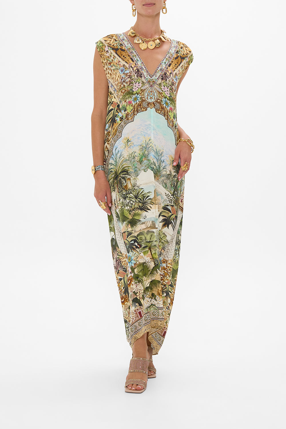 CAMILLA Sleeveless Drape Back Dress in Views of the Valley Print.