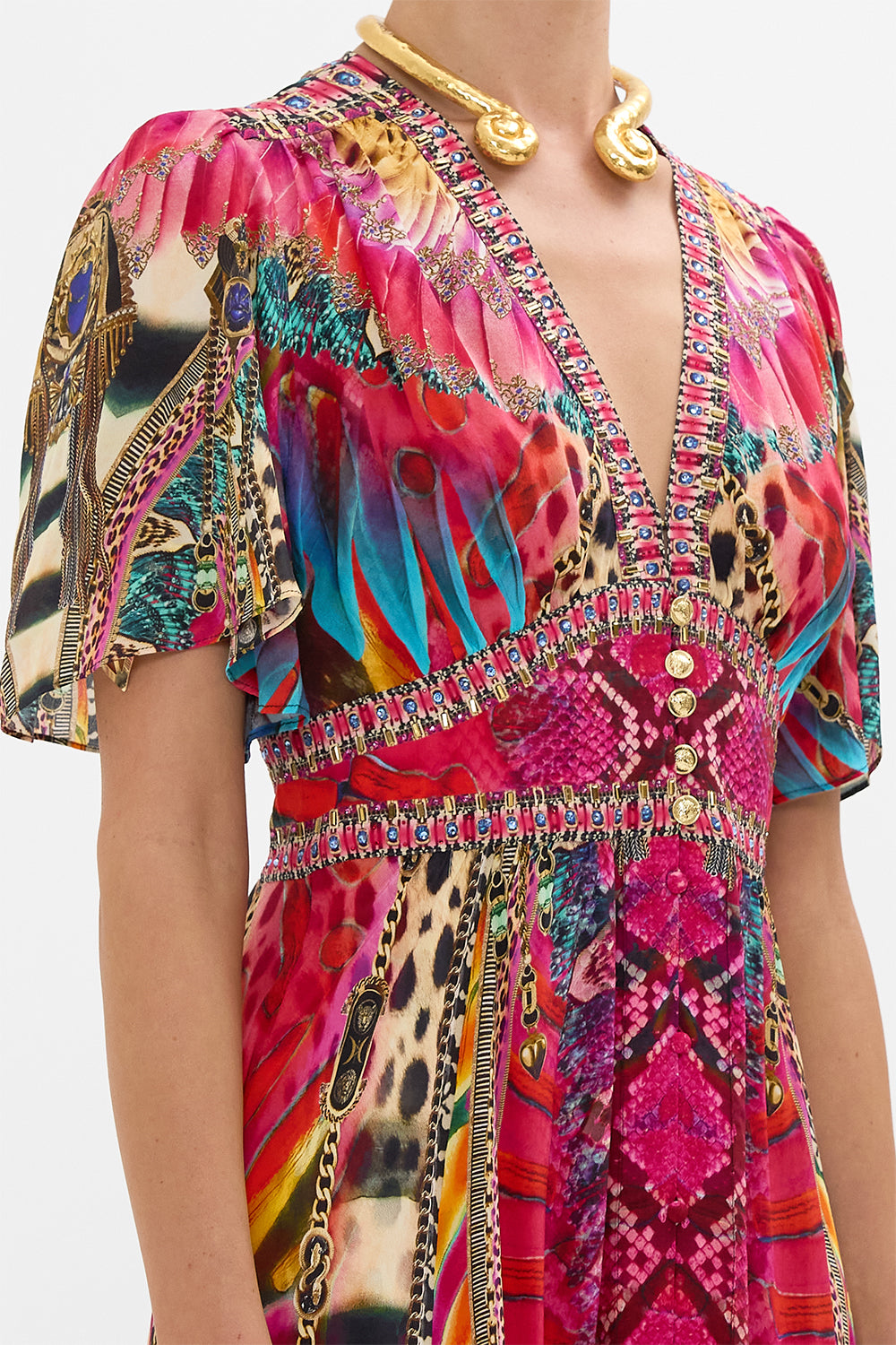 CAMILLA Shaped Waistband Dress with Flutter Sleeves in Sahara Supernatural print.
