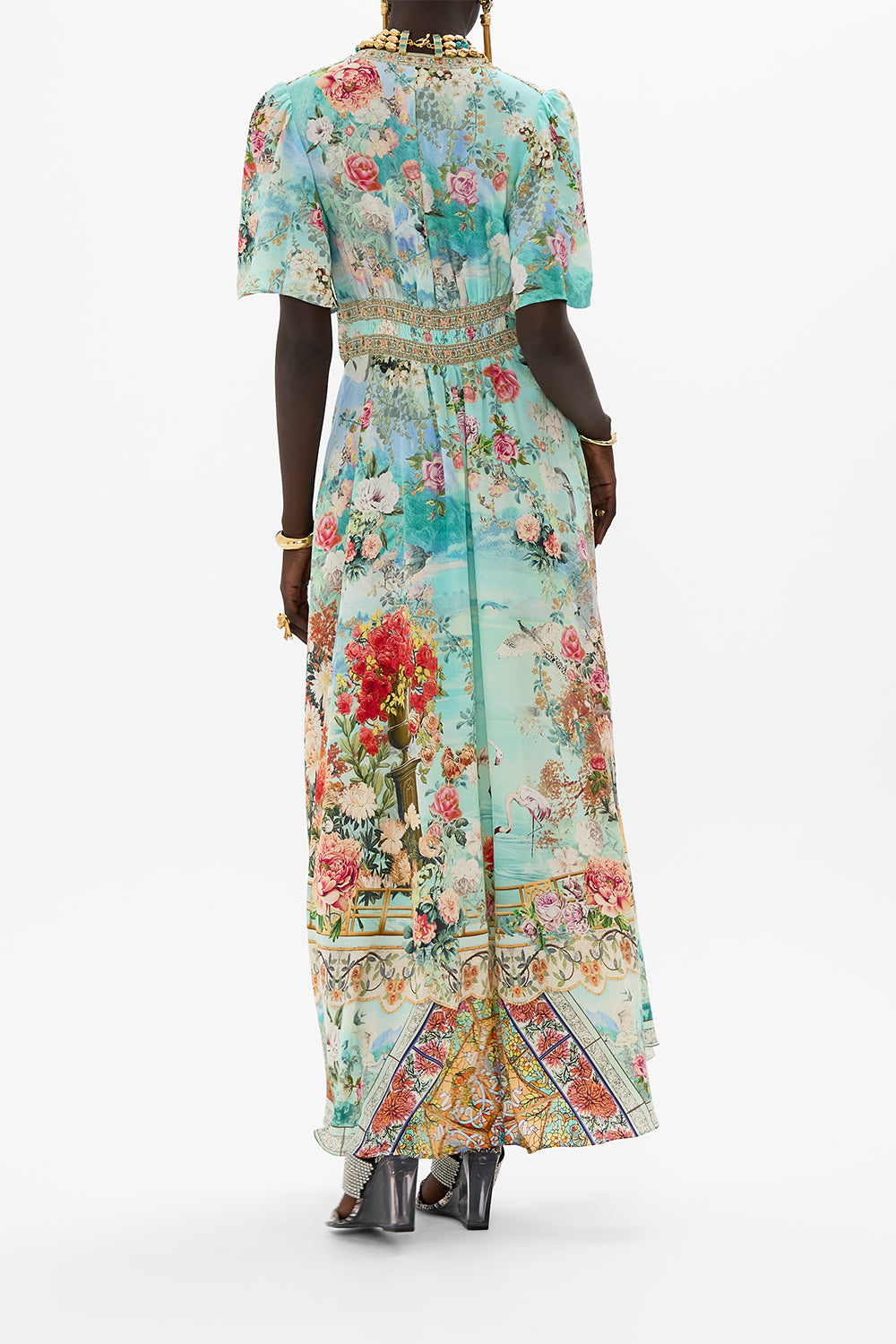 CAMILLA Shaped waistband dress with flutter sleeves in The jewellery museum print.