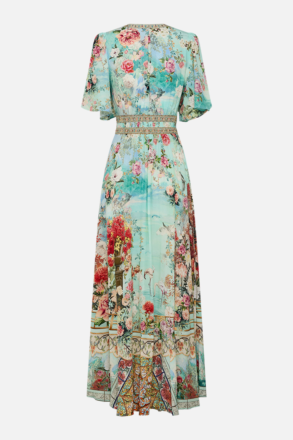 CAMILLA Shaped waistband dress with flutter sleeves in The jewellery museum print.