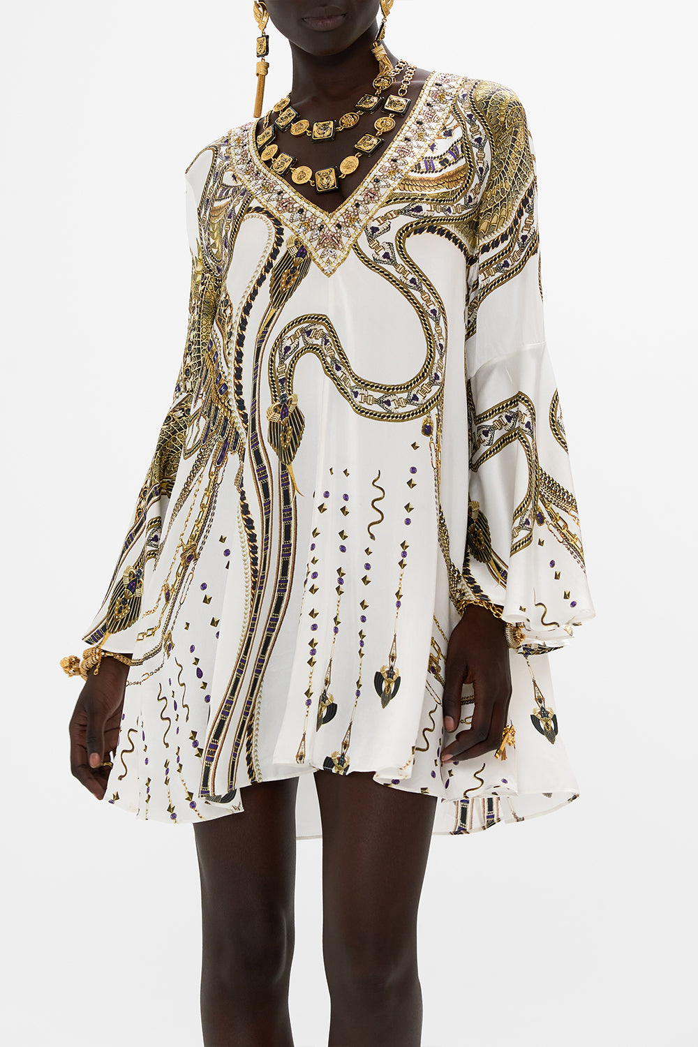 V-NECK FLARED SLEEVE MINI DRESS GODDESS ENERGY