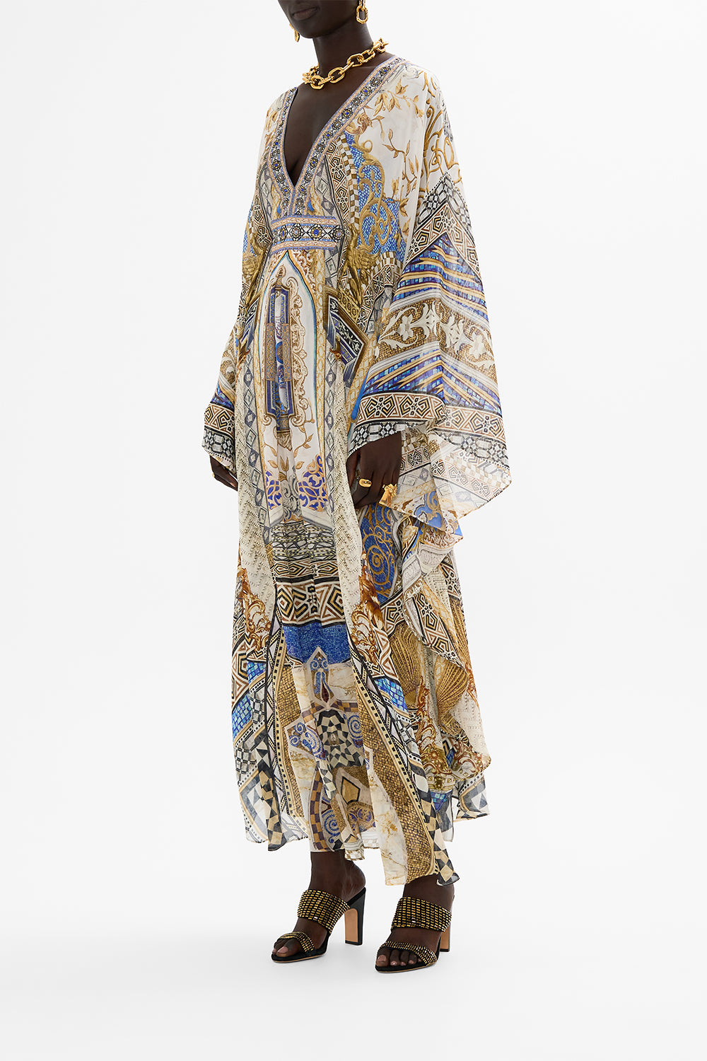 CAMILLA Long Kaftan with Waist Detail in Make Me Your Mosaic Print.
