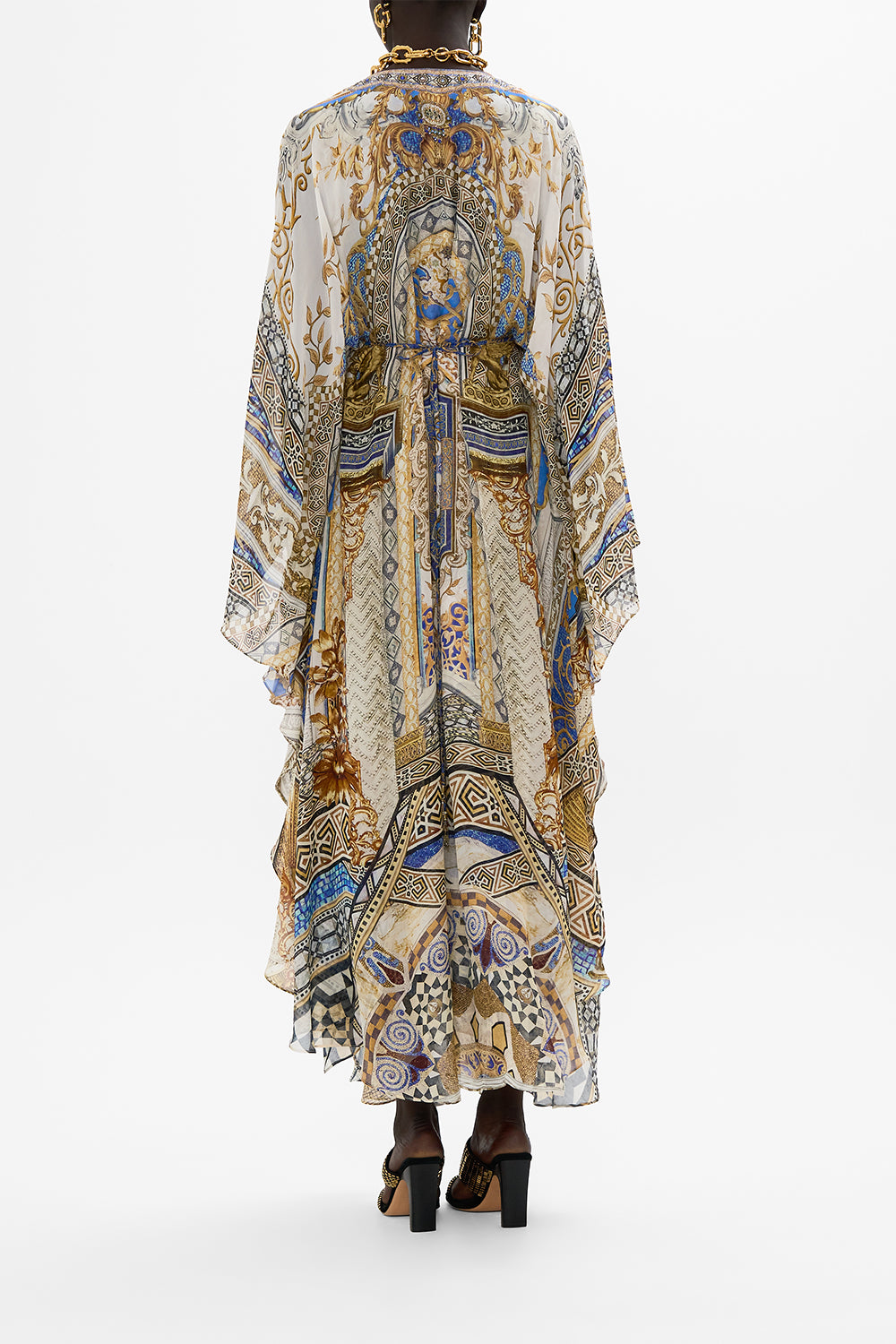 CAMILLA Long Kaftan with Waist Detail in Make Me Your Mosaic Print.