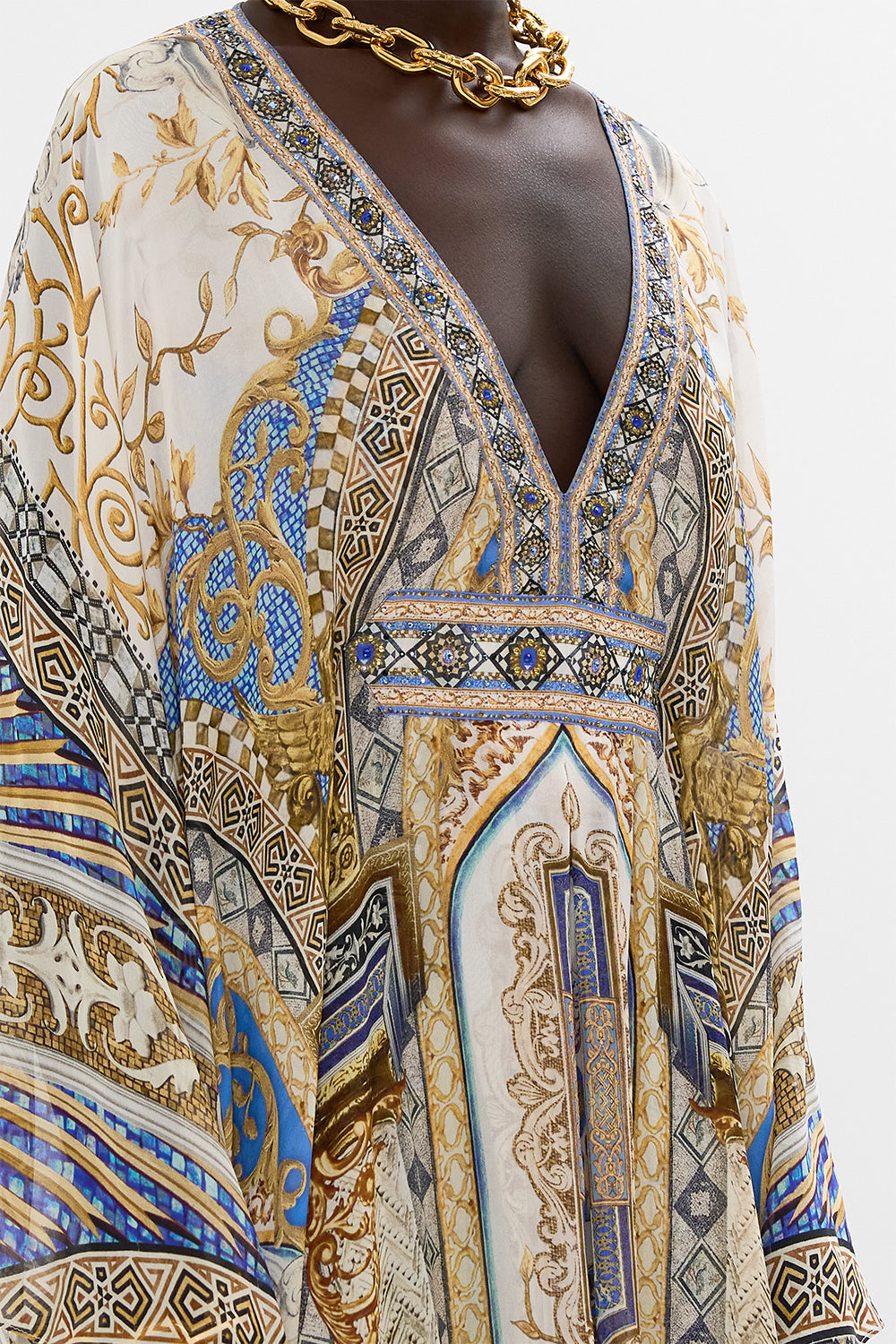 CAMILLA Long Kaftan with Waist Detail in Make Me Your Mosaic Print.